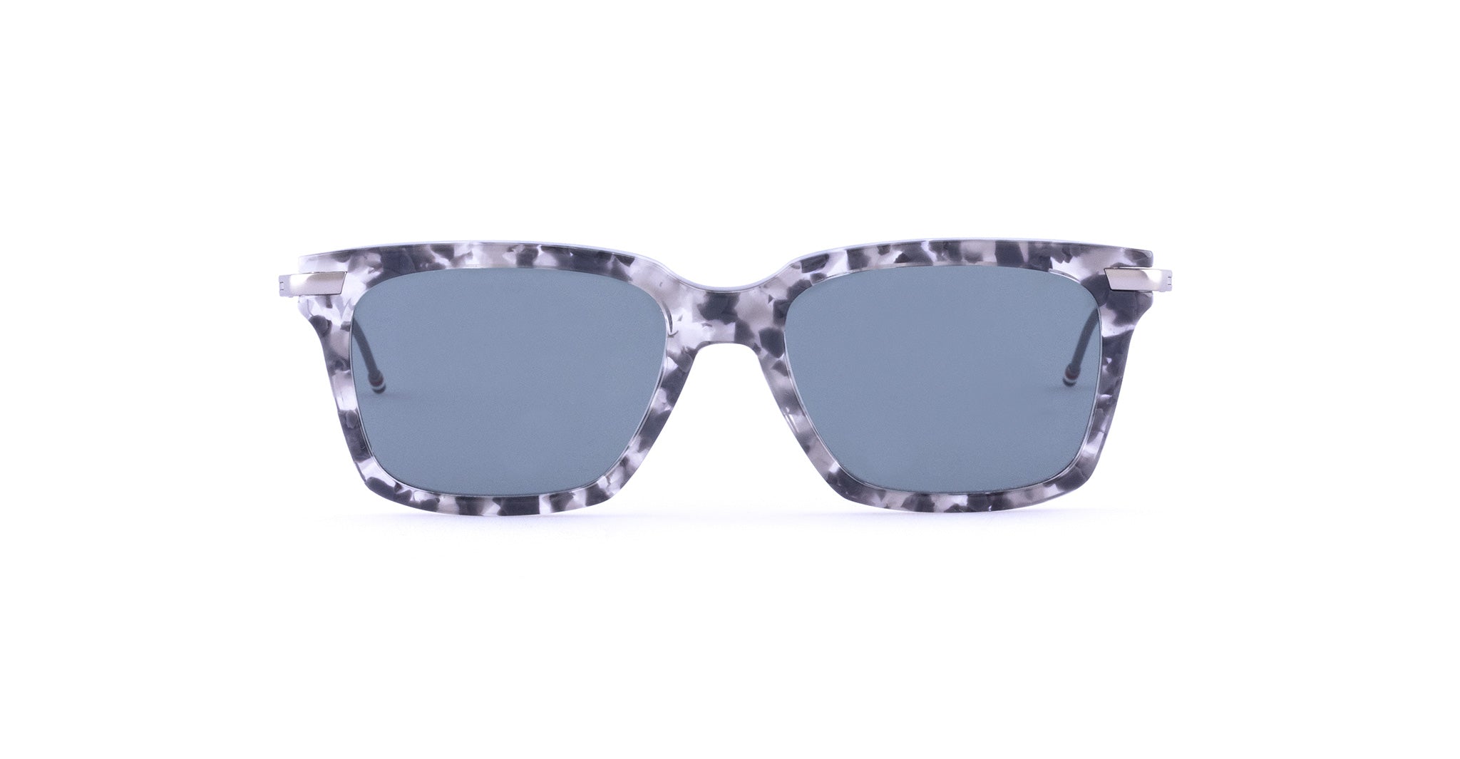 Thom Browne 701 rectangular sunglasses, gray patterned frame, blue-tinted lenses, front view.