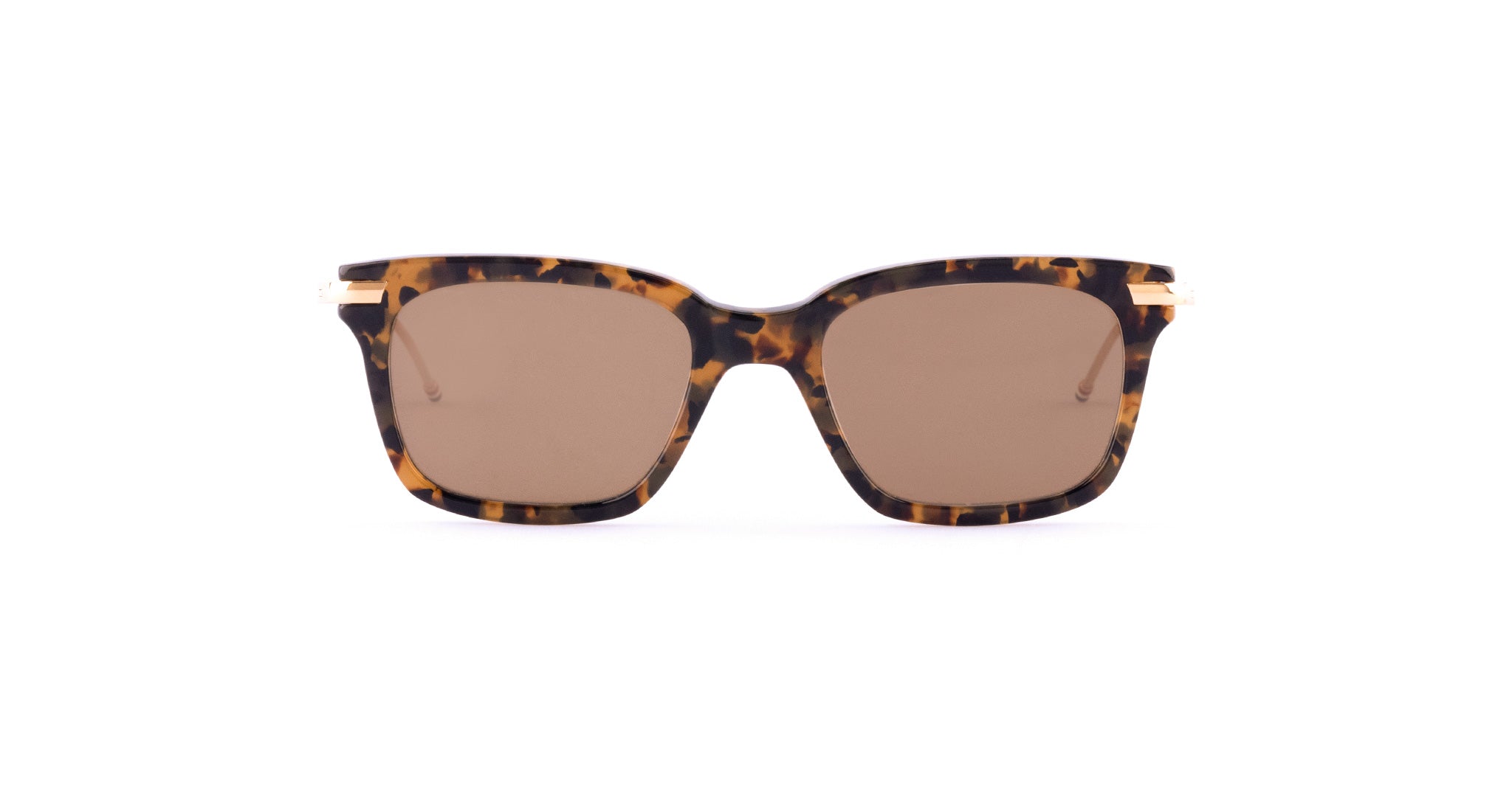 Thom Browne 701 tortoiseshell rectangular sunglasses with brown polarized lenses, front view.