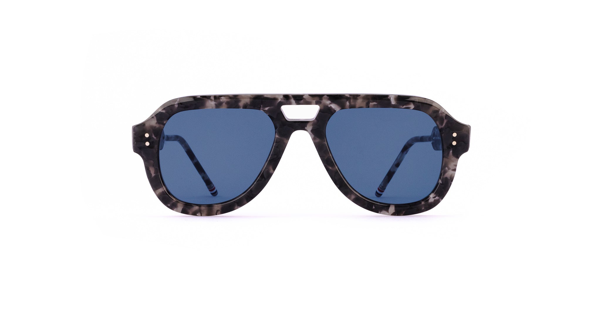 Front view of Thom Browne 925 sunglasses, featuring blue lenses and a marbled black-gray frame.