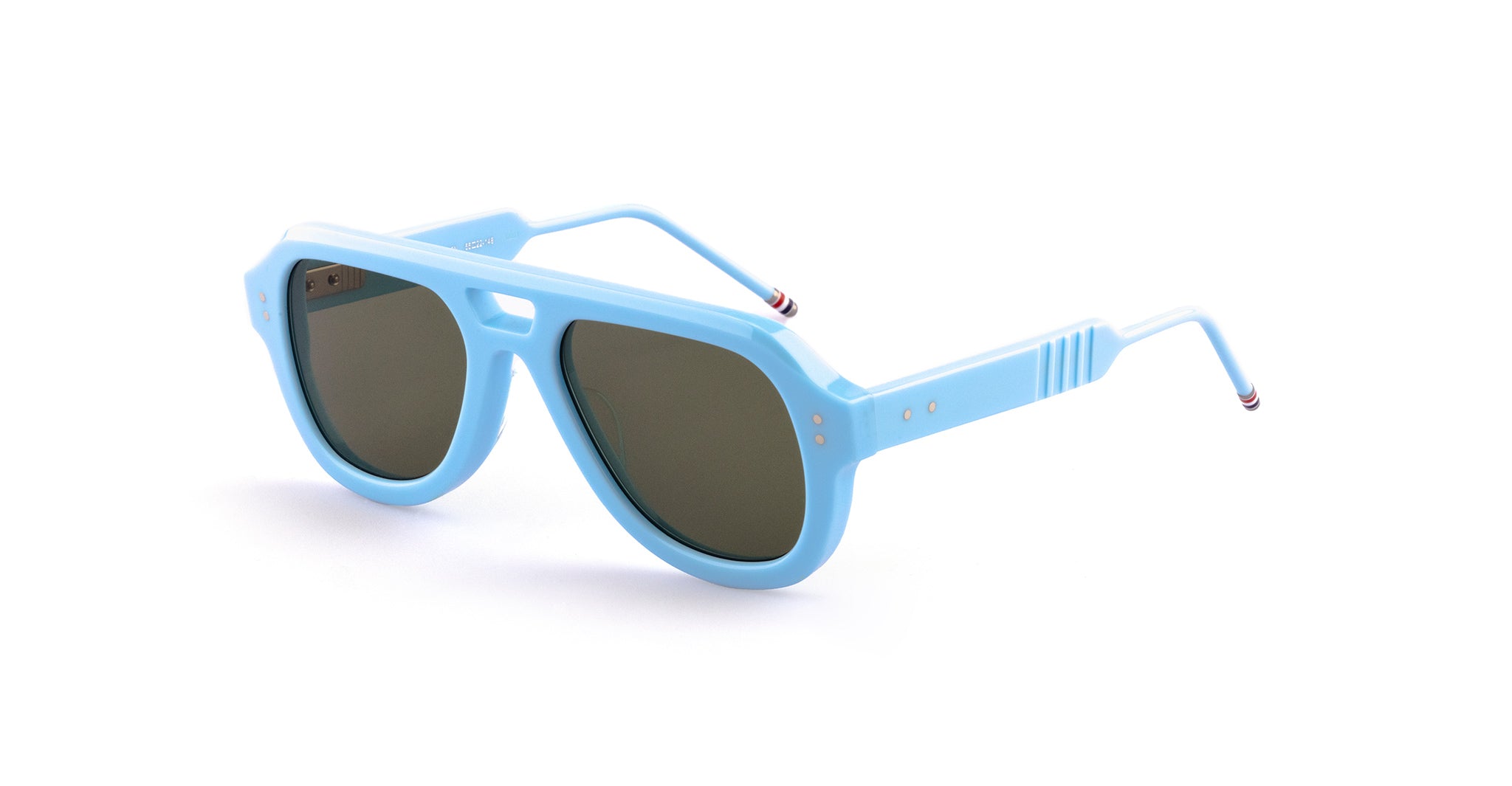 Thom Browne 925 sunglasses in light blue with thick geometric rims and dark lenses, shown from the front.