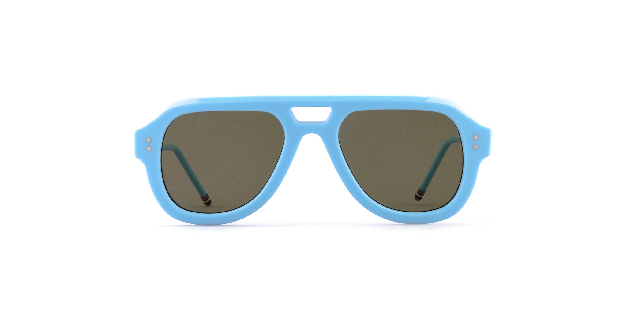 Thom Browne 925 aviator sunglasses, light blue frame with dark lenses, front view.