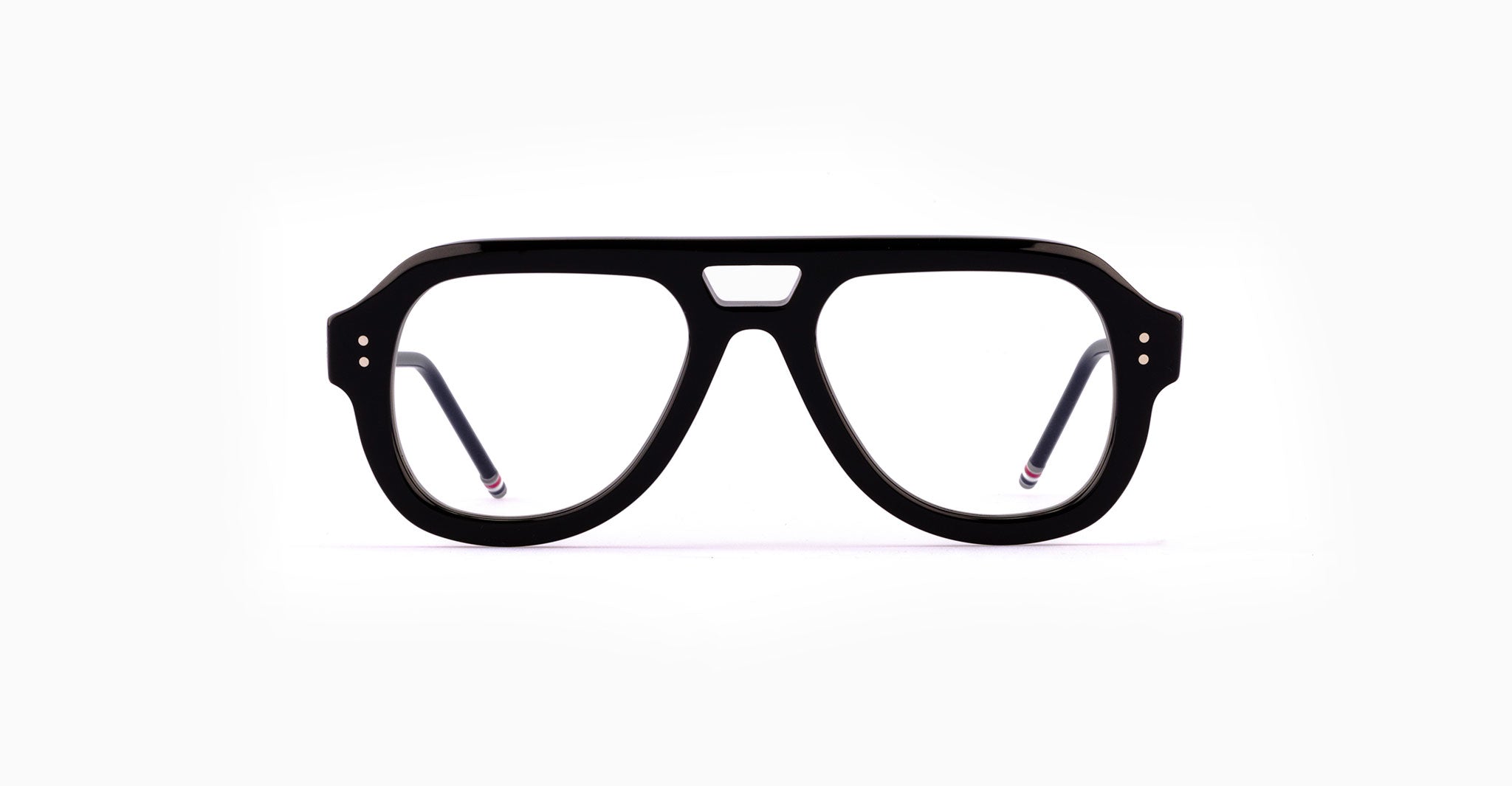 Thom Browne 925 aviator eyeglasses, thick black rims, clear lenses, front view.