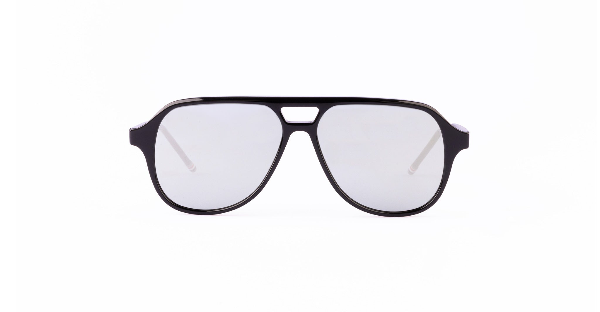 A pair of black aviator-style sunglasses with mirrored lenses is shown against a plain white background.