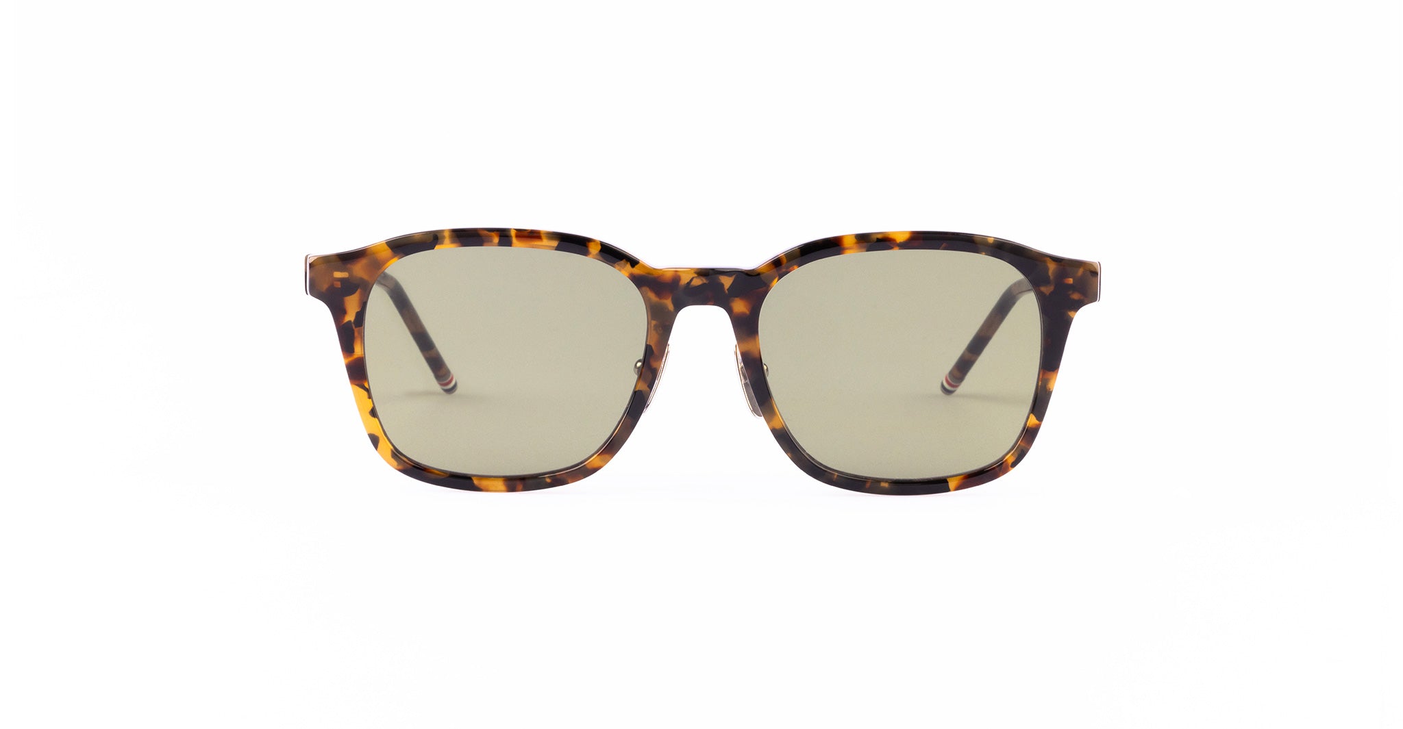 Front view of a pair of Thom Browne sunglasses with square-shaped lenses and a brown tortoiseshell patterned frame, displayed on a plain white background.