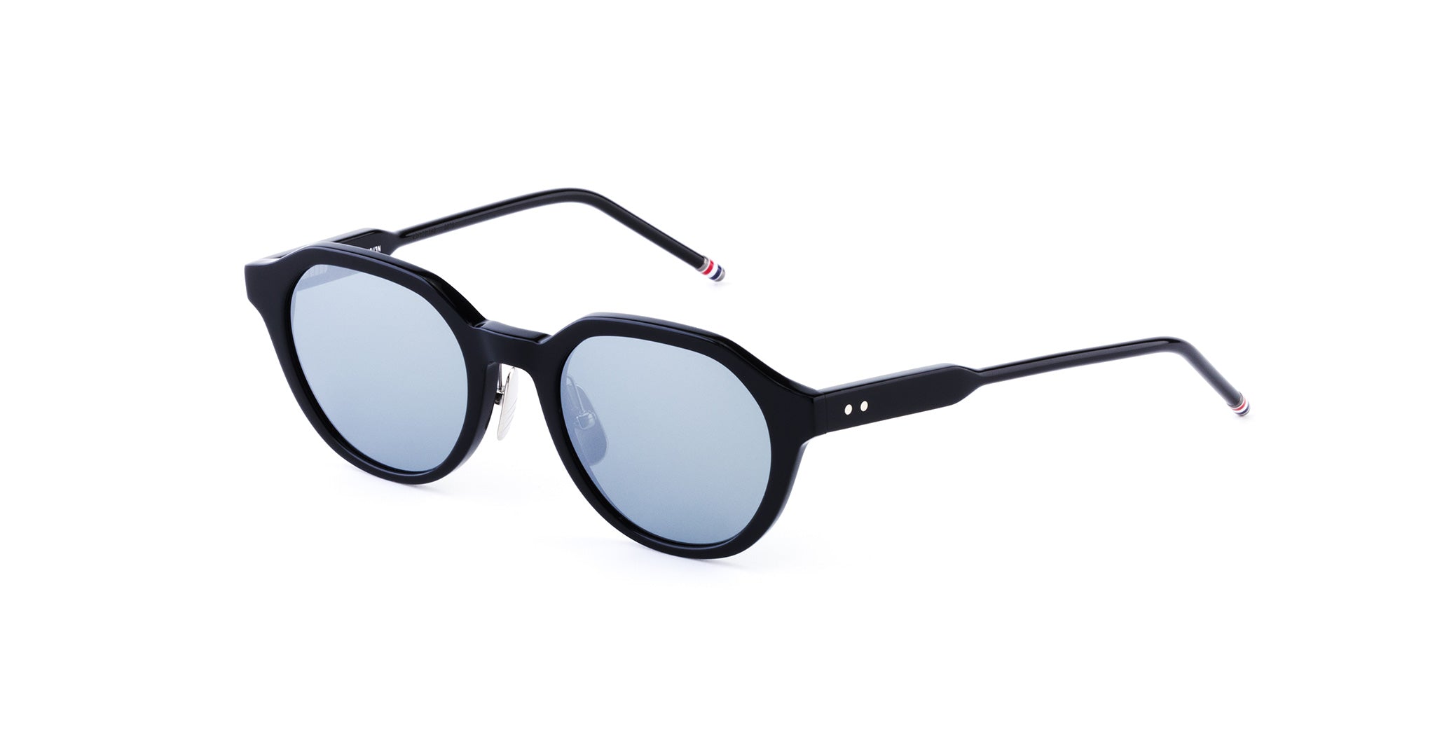 Black round sunglasses with blue-tinted lenses and thin arms, shown on a white background at a slight angle.