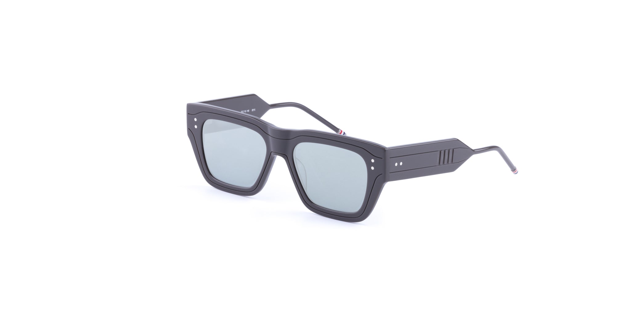 Thom Browne 947 black square-frame sunglasses with thick temples and UV-protected tinted lenses, shown from a front angle.