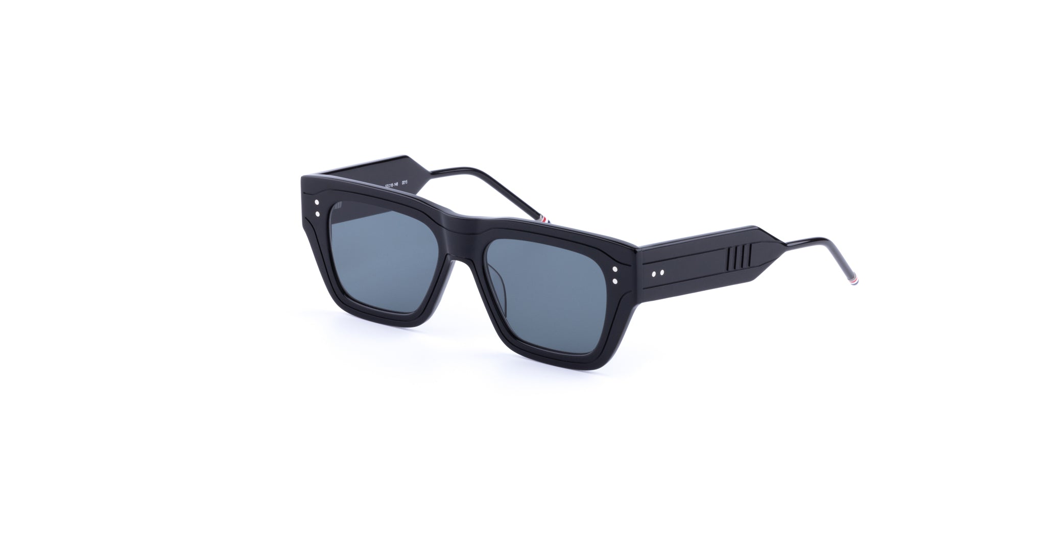 Thom Browne 947 sunglasses, black rectangular frames with thick borders and polarized dark lenses, front angle view.