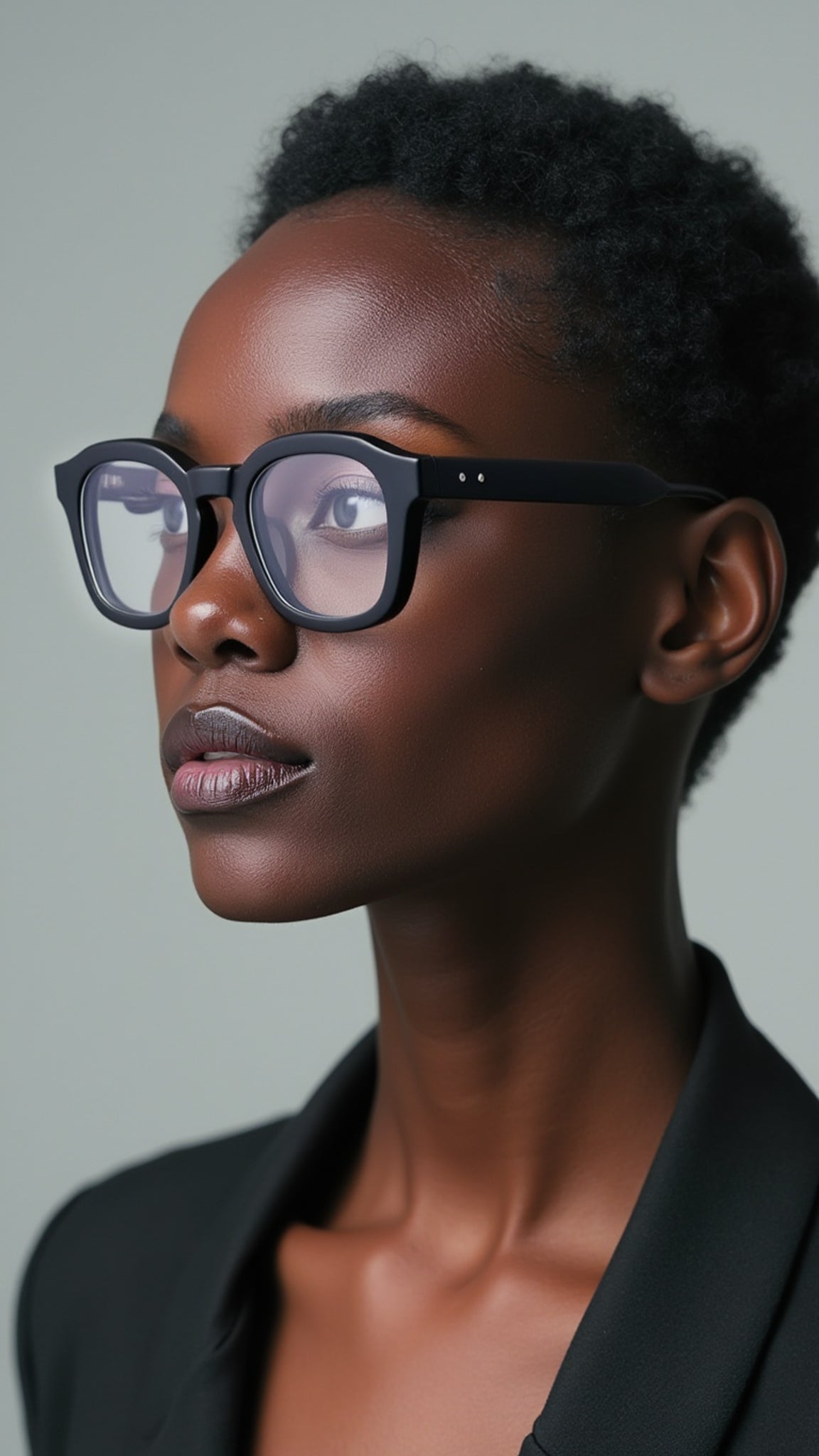 A model wearing Thom Browne matte black eyeglasses, styled with a chic black blazer, set against a muted neutral background