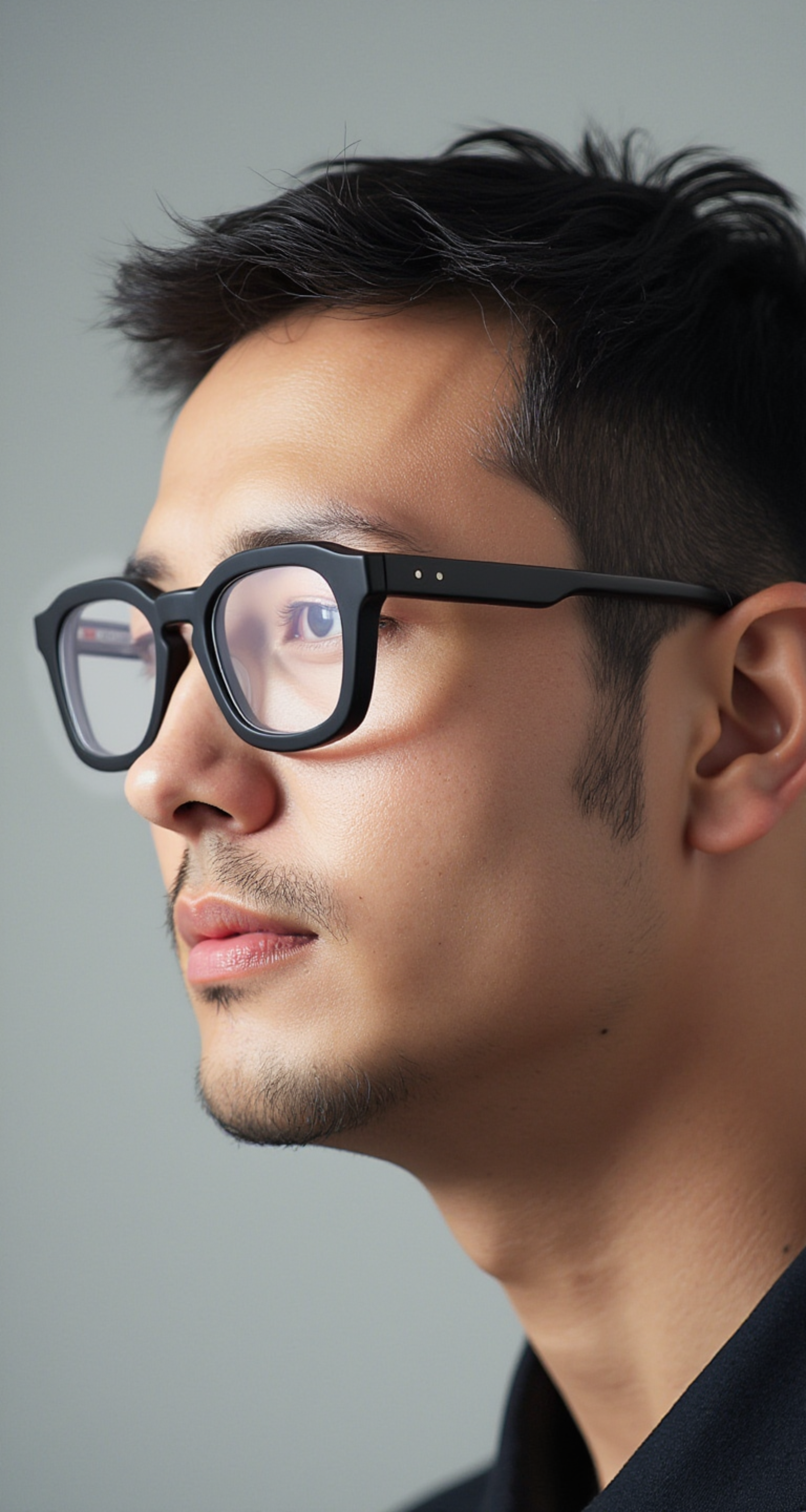 A model wearing Thom Browne matte black eyeglasses, styled in a classic and minimal look, set against a soft neutral background