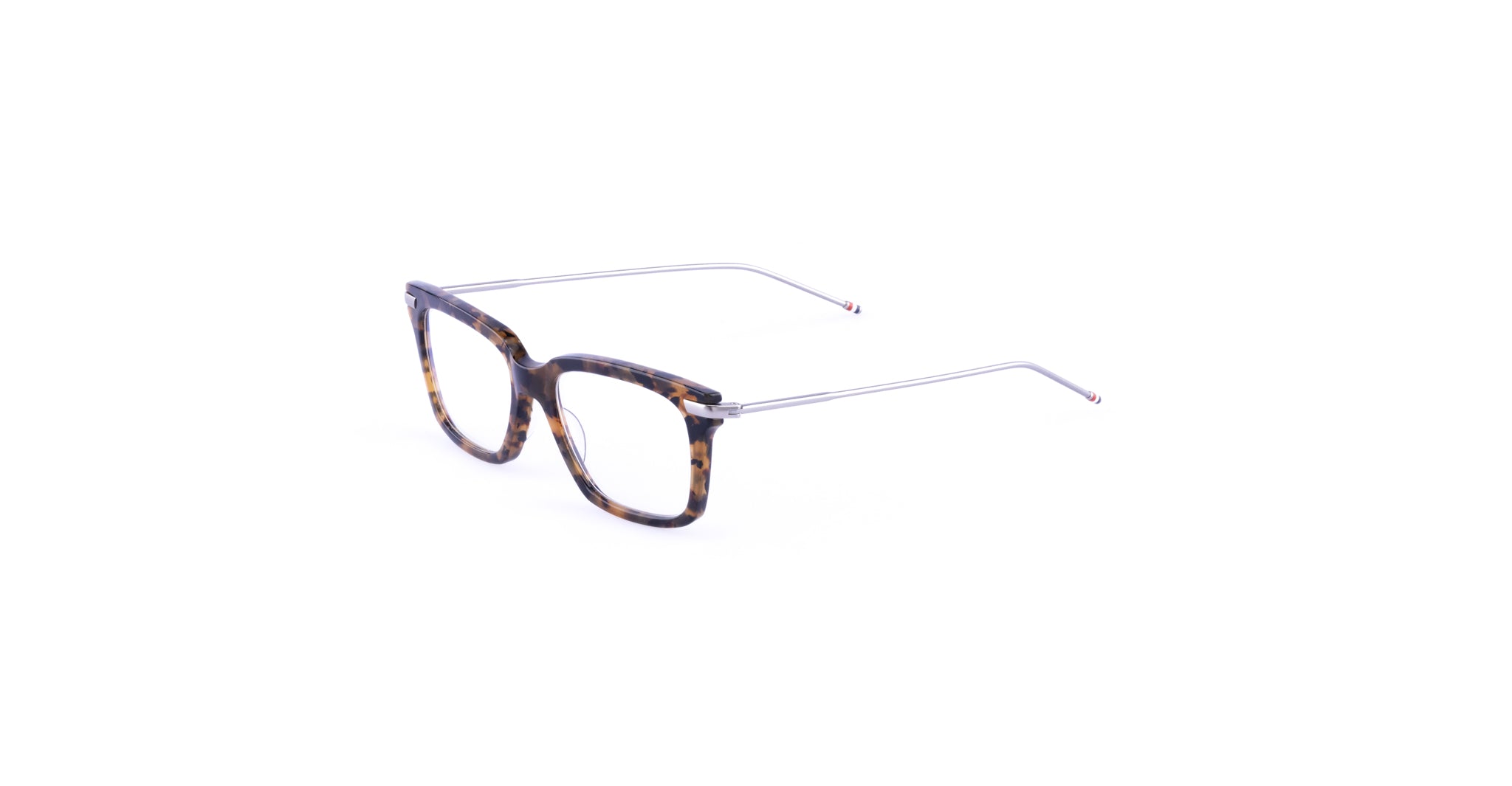Thom Browne 701 tortoiseshell rectangular eyeglasses with slim metal arms, front view.