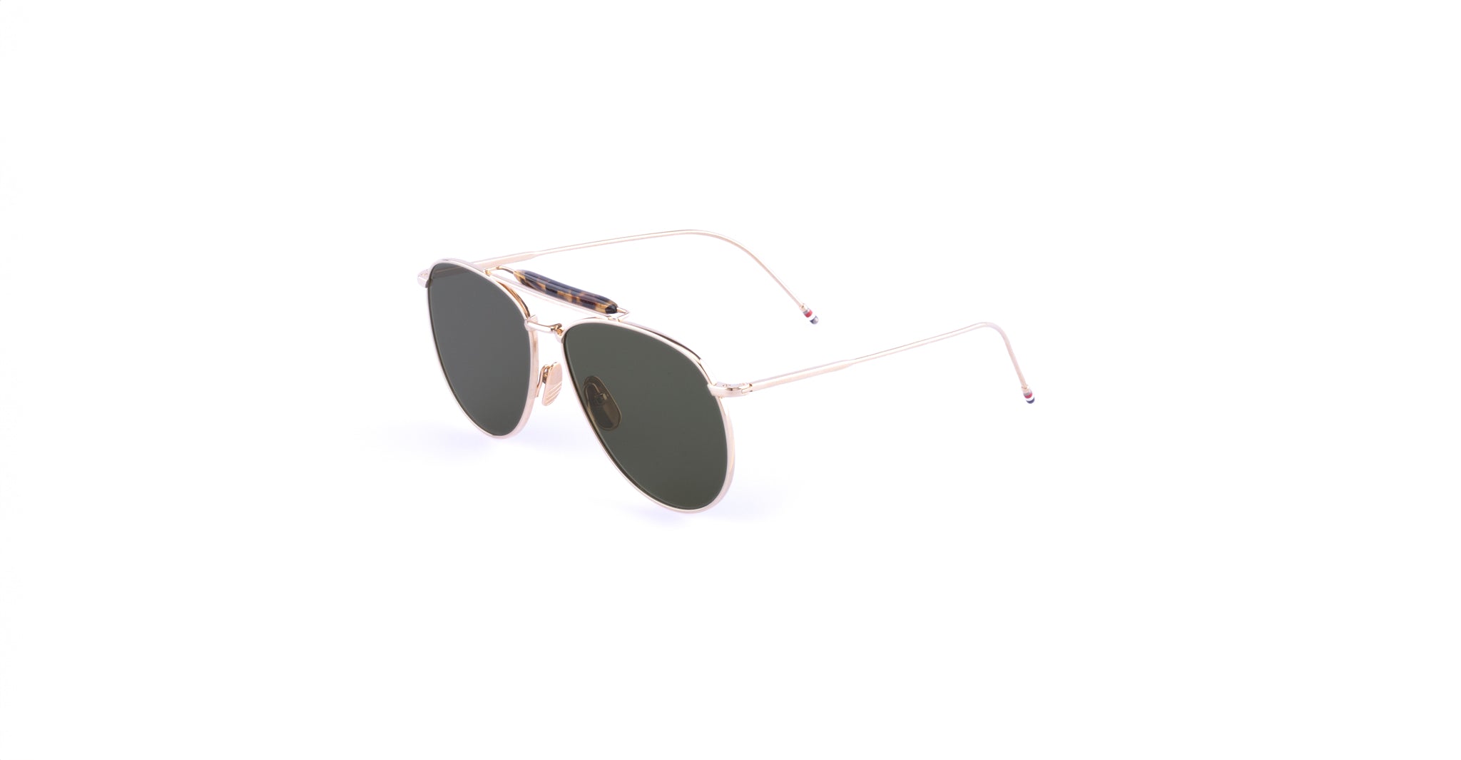 Thom Browne 015 aviator sunglasses with dark lenses and thin metallic frames, front view.