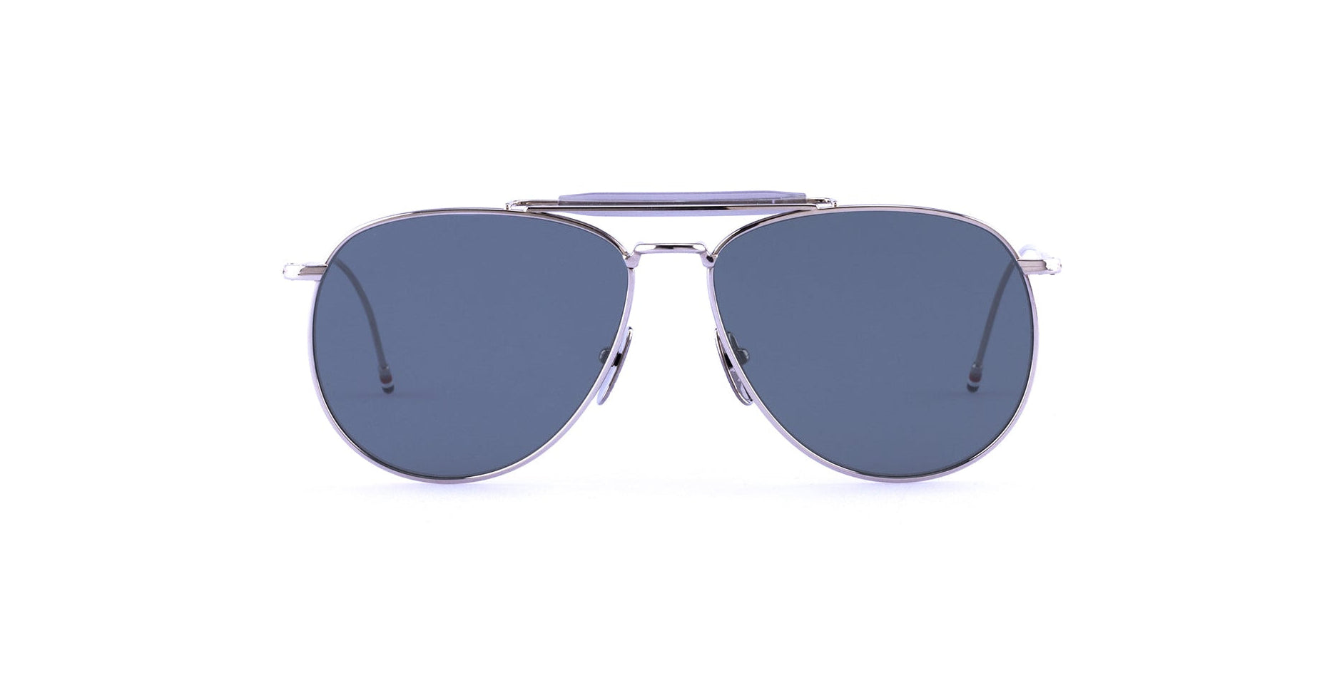 Thom Browne 015 aviator sunglasses, silver frames, dark blue lenses, front view.
