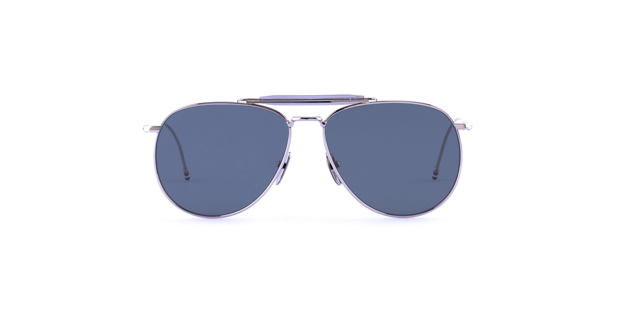 Thom Browne 015 aviator sunglasses, silver frames, polarized dark blue lenses, front view.
