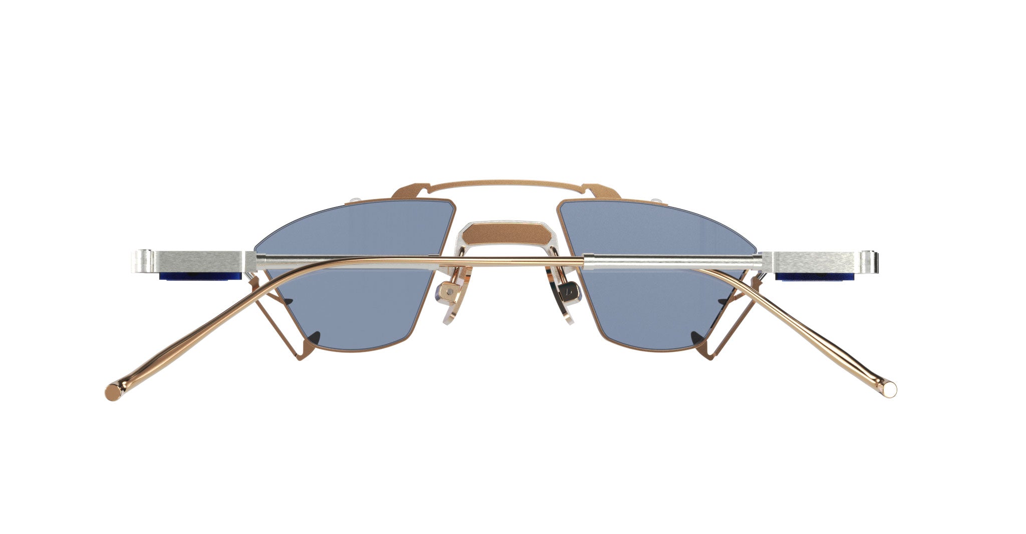 Top-down view of VOA Collective Apollo 12 in Stellar Klein, featuring a reconstructed polygonal aviator silhouette with pronounced angles, dual-tone metal construction, adjustable nose pads, and blue-tinted lenses.