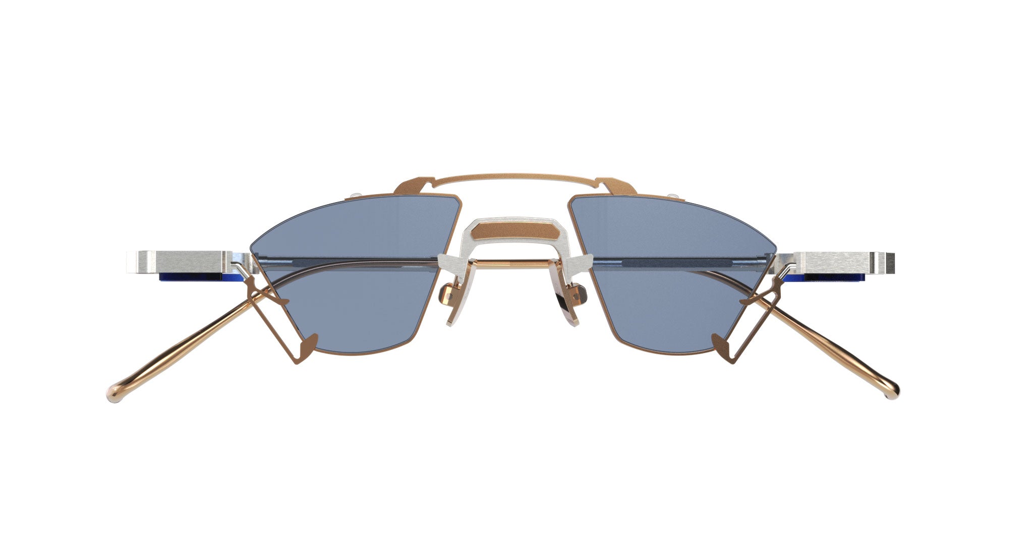 Front-facing view of VOA Collective Apollo 12 in Stellar Klein, showcasing the angular polygonal aviator lenses, prominent structural top bar, dual-tone metal frame, and blue-tinted flat lenses.