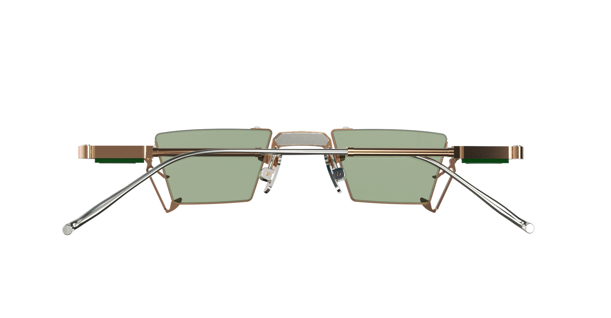 Top-down view of VOA Collective Apollo 17 in Aerosphere, featuring a geometric rectangular silhouette with inward-tapered lines, a dual-tone metal construction, adjustable nose pads, and flat green-tinted lenses.