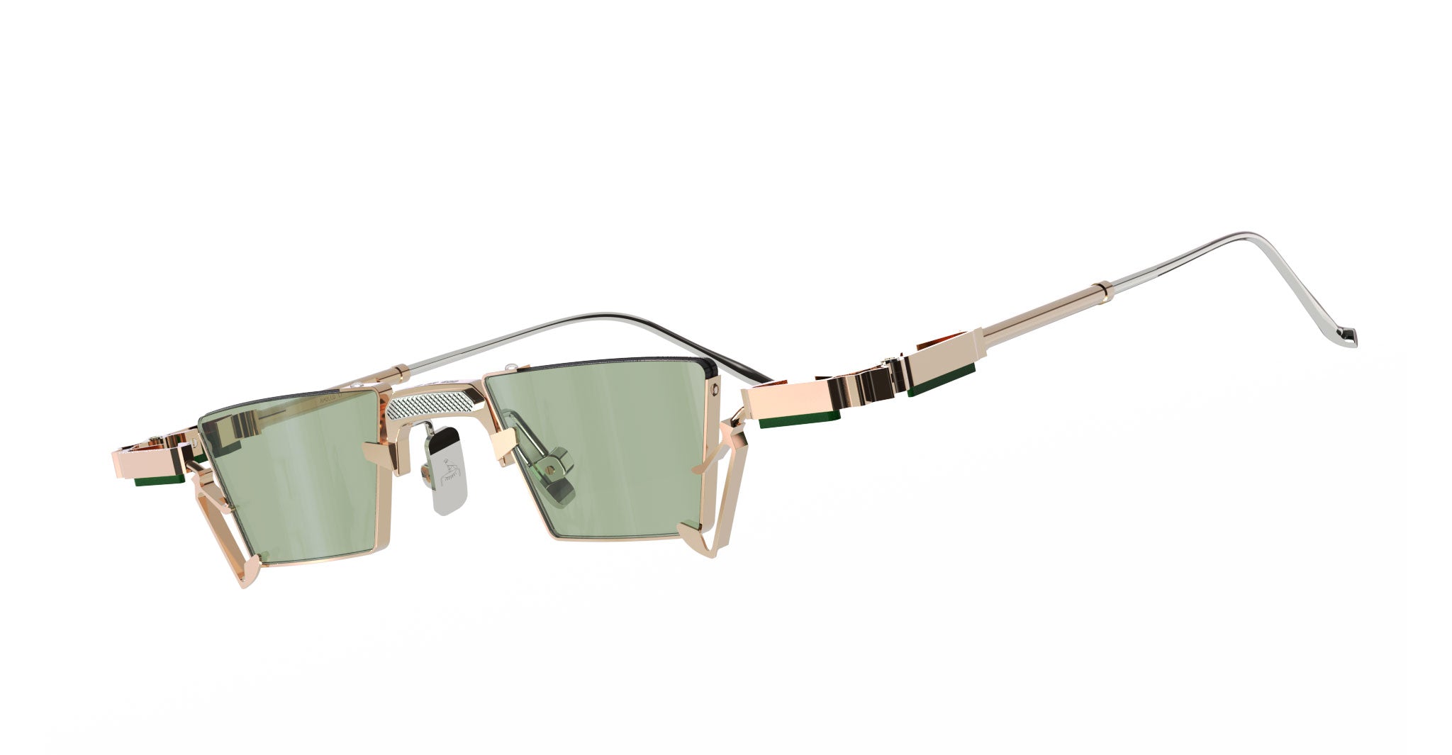 Angled view of VOA Collective Apollo 17 in Aerosphere, highlighting the geometric rectangular lenses with inward-tapered lines, sculptural dual-tone metal frame, exposed structural elements, and green-tinted flat lenses.