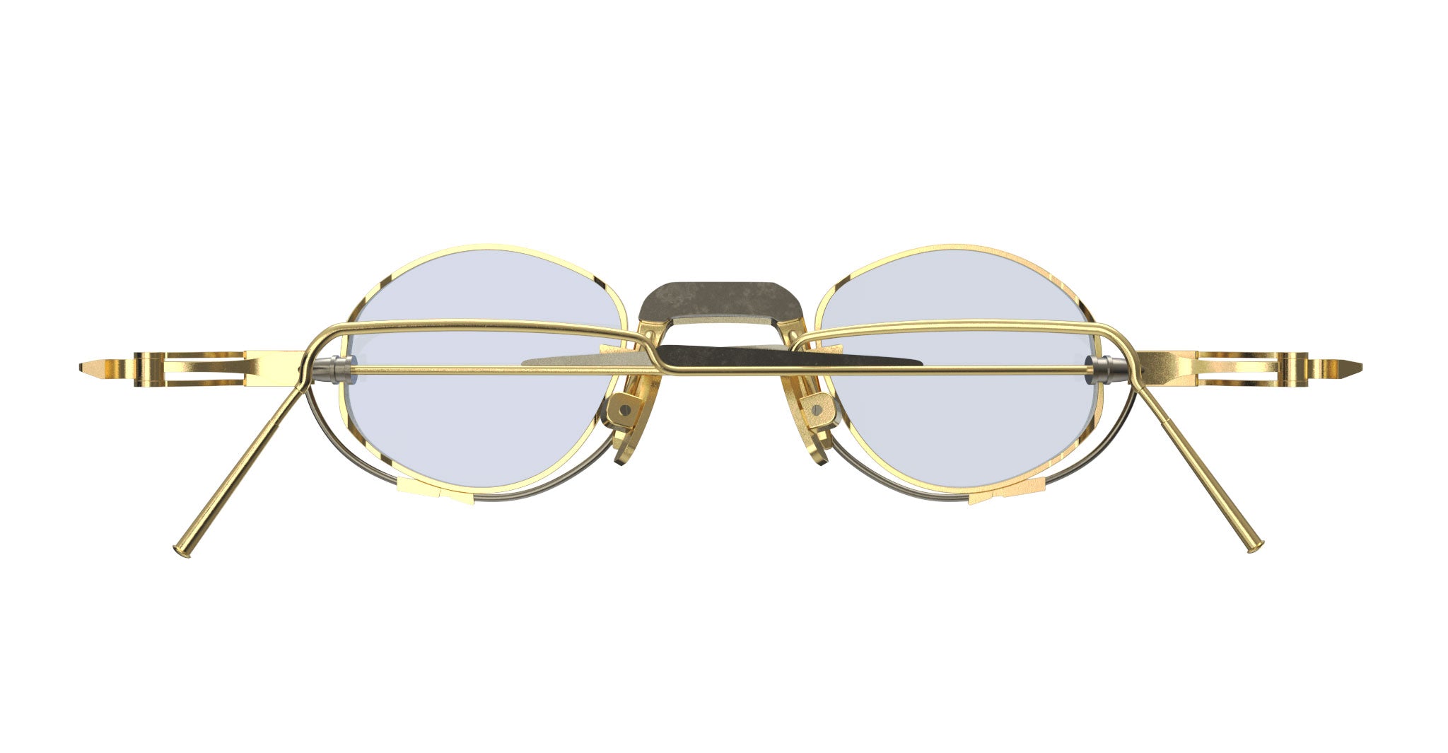 The VOA Nivara eyeglasses feature round metal frames with thin gold rims, clear lenses, a distinctive double bridge, and detailed sides for a modern look, shown front-facing on a white background.