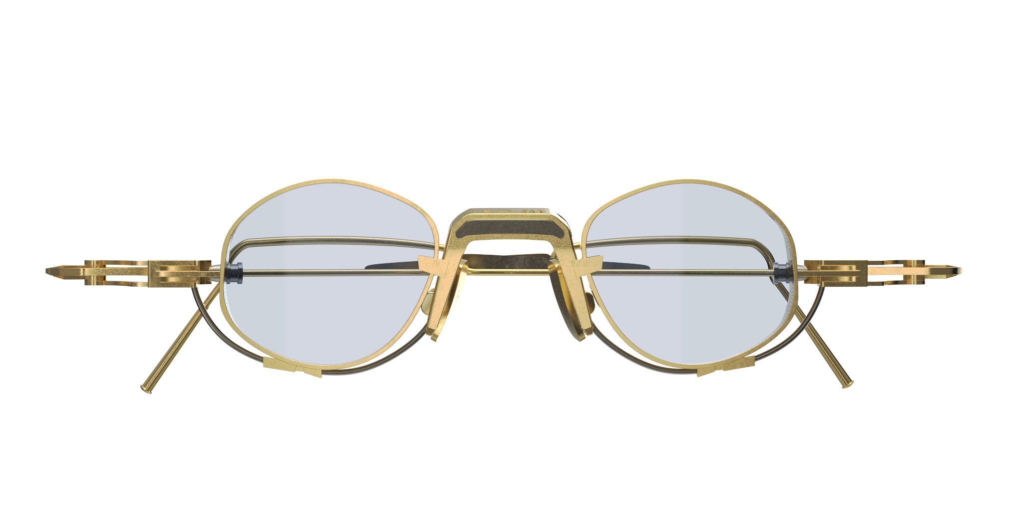 The VOA Nivara features round, gold metal frames with a geometric, futuristic design and clear lenses, shown front-facing on a white background—a striking example of minimalist eyewear.