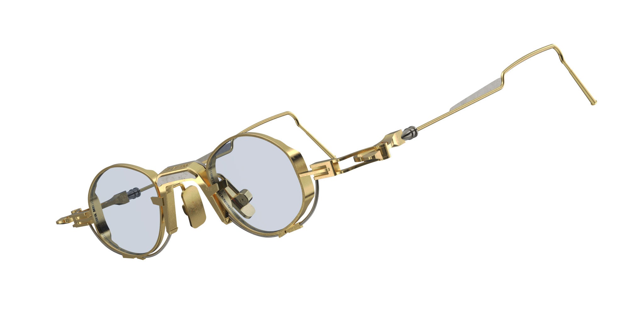 The VOA Nivara glasses feature a gold steampunk-inspired round metal frame with intricate mechanical arm details, set against a white background—ideal for anyone seeking unique, modern optical eyewear.