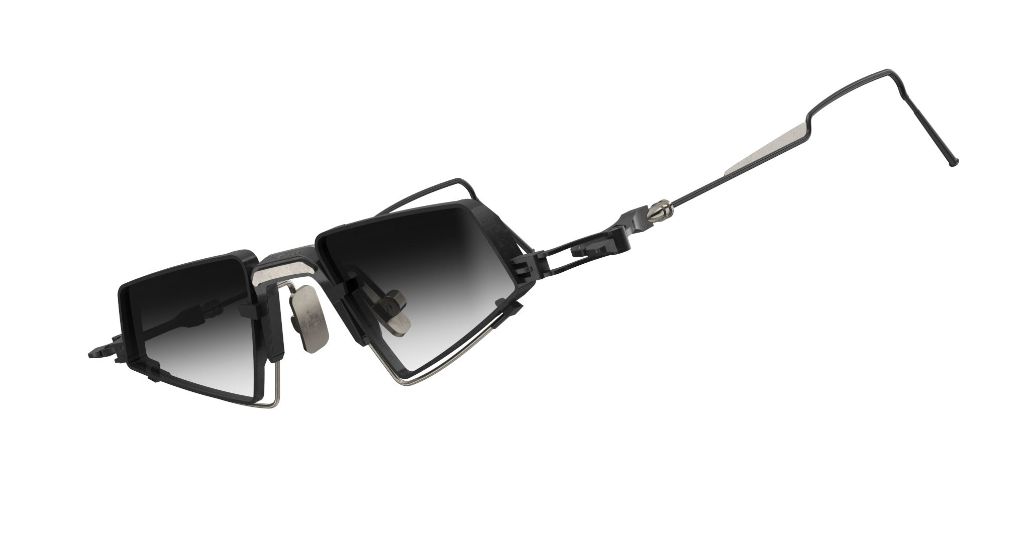 The VOA Padma is a pair of modern black sunglasses featuring geometric frames and thick, uniquely designed temples, handcrafted in Japan and shown on a white background.