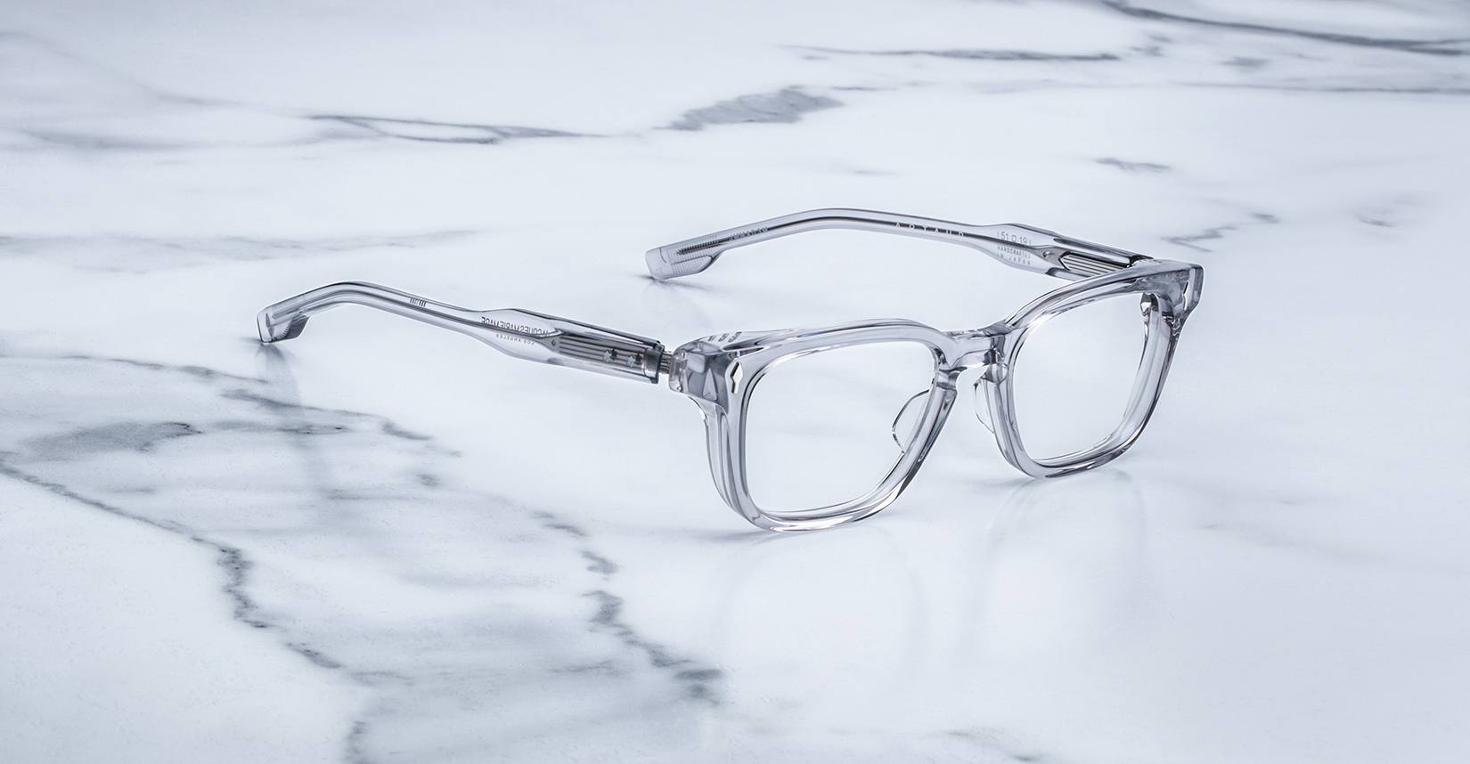 Angled view of the Jacques Marie Mage Artaud eyeglasses in colorway Frost