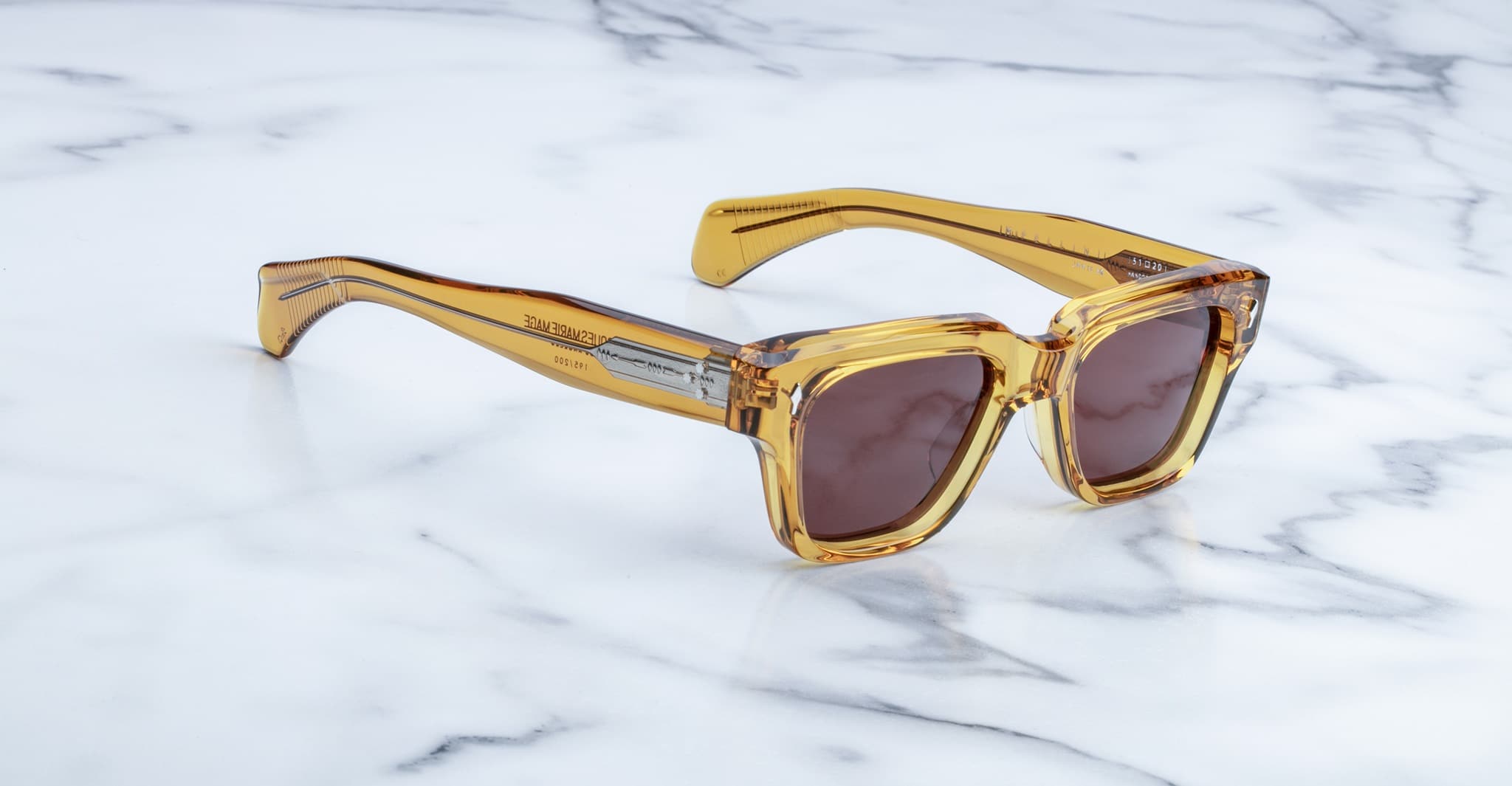 Jacques Marie Mage Fellini amber square sunglasses with brown lenses, front view.