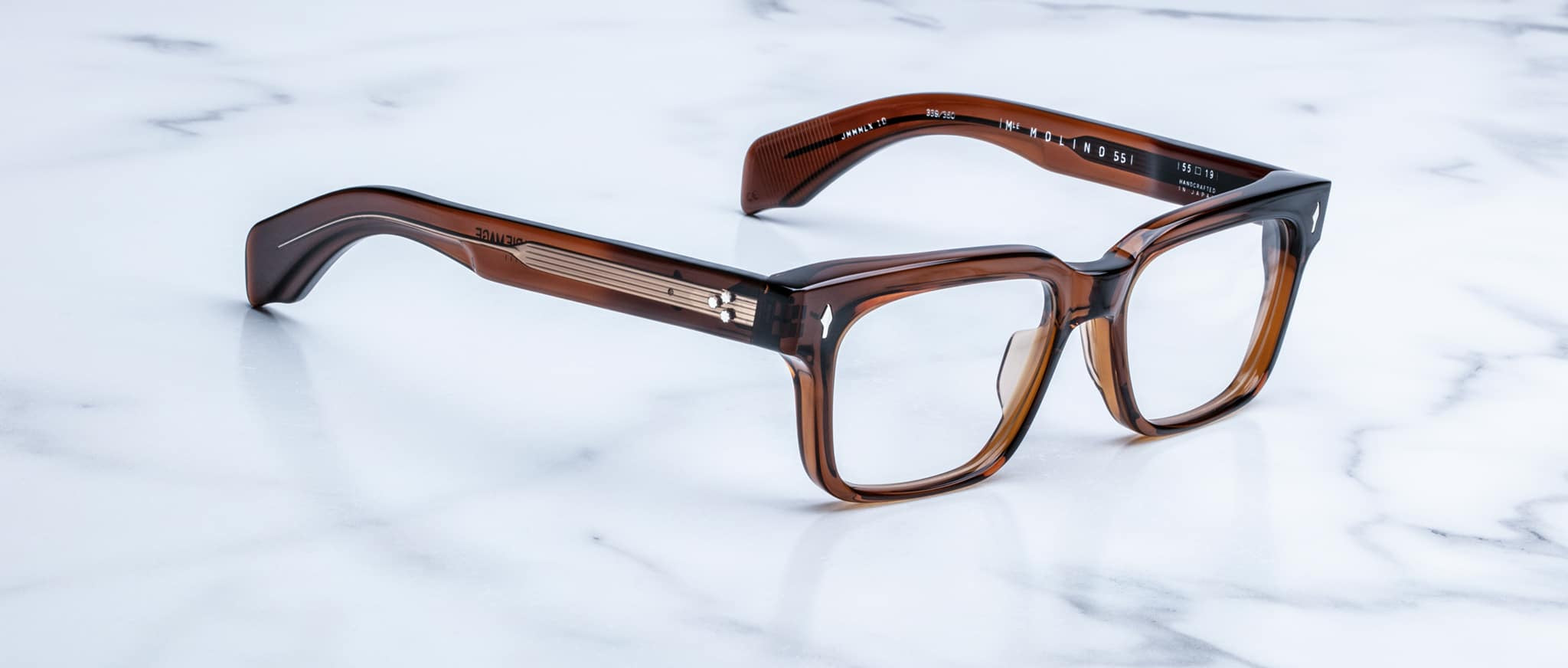 Jacques Marie Mage Molino 55 brown thick-rimmed rectangular eyeglasses, top view.