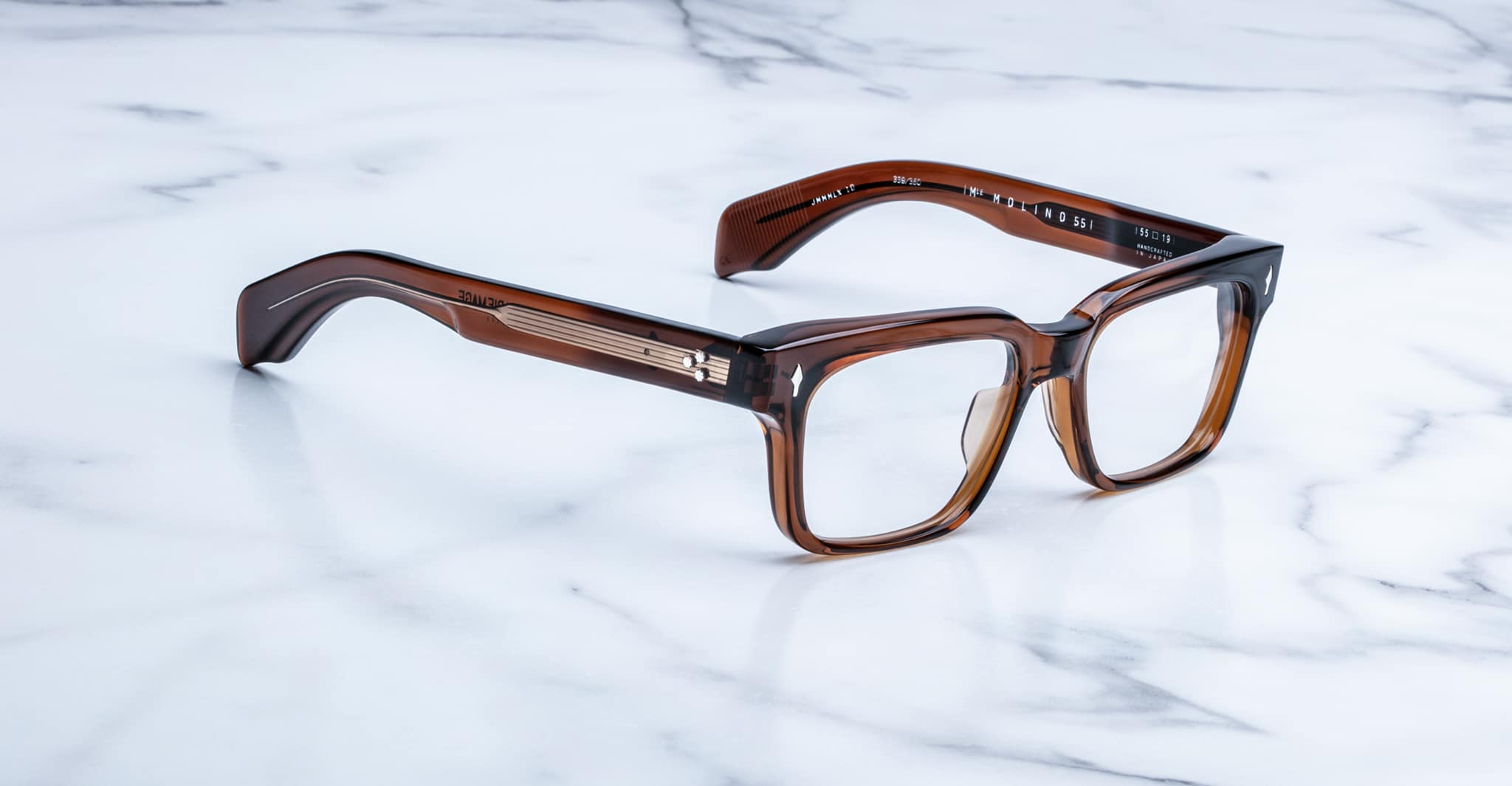 Jacques Marie Mage Molino 55 brown thick-rimmed rectangular eyeglasses, top view.