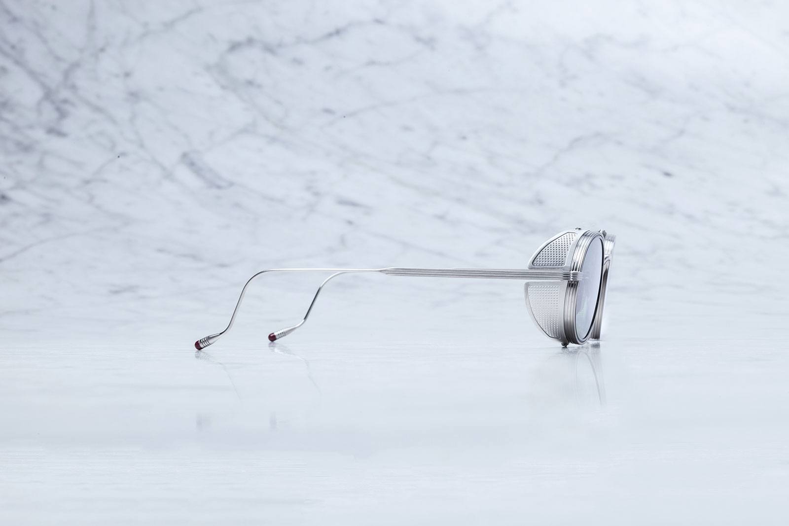 Profile view of the Jacques Marie Mage Rex style sunglasses with sideshields in Sterling