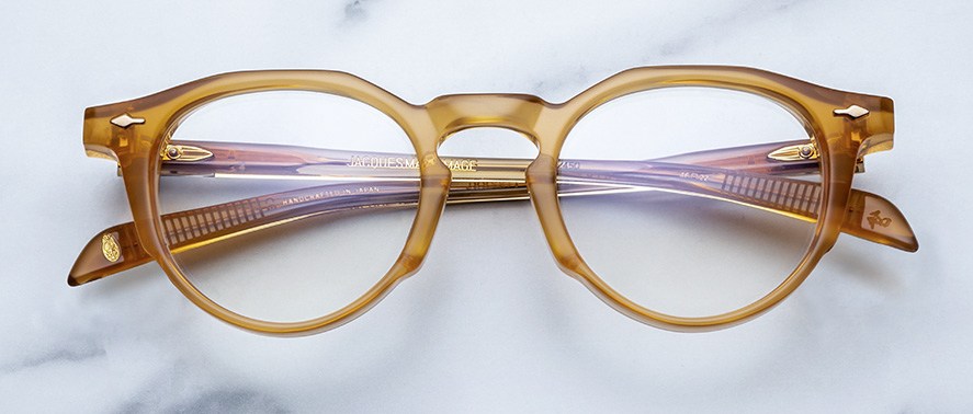 Jacques Marie Mage Sheridan in Marigold, handcrafted acetate spectacles with classic Boston silhouette and rich golden tone, front view