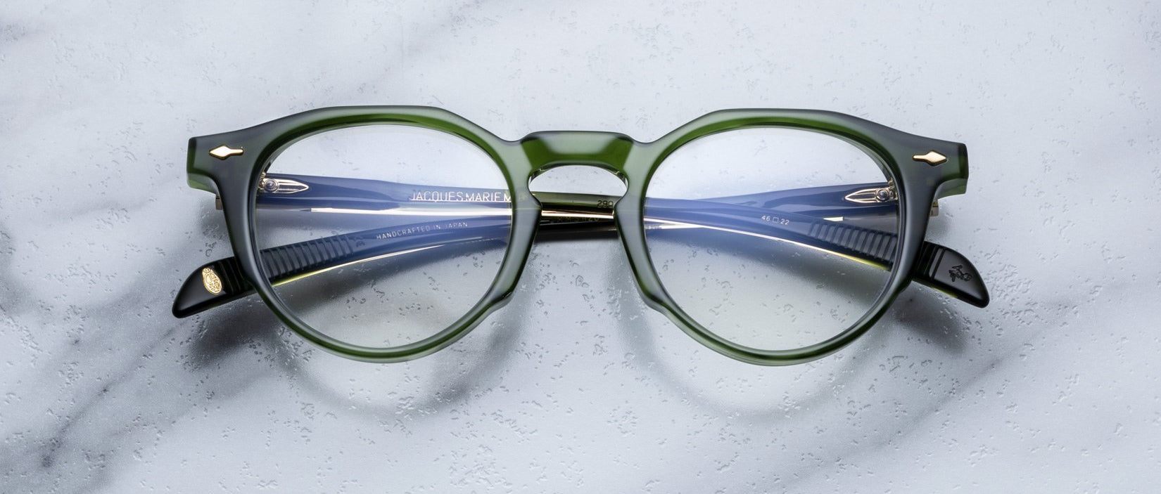 Jacques Marie Mage Sheridan in Rover, green acetate frame with modified Boston lens shape and keyhole bridge, front view
