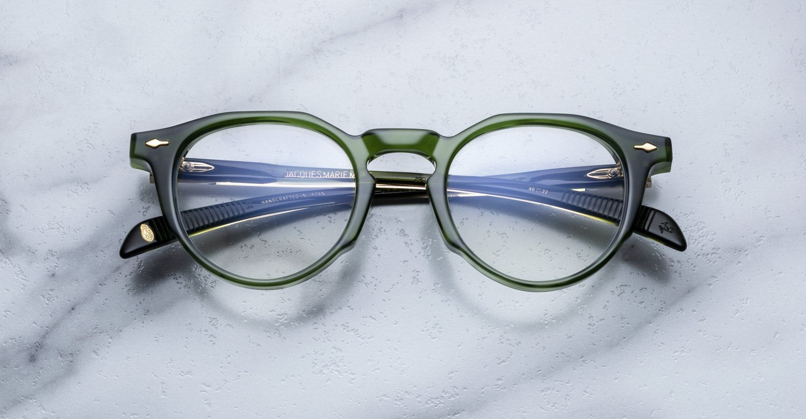 Jacques Marie Mage Sheridan in Rover, green acetate frame with modified Boston lens shape and keyhole bridge, front view