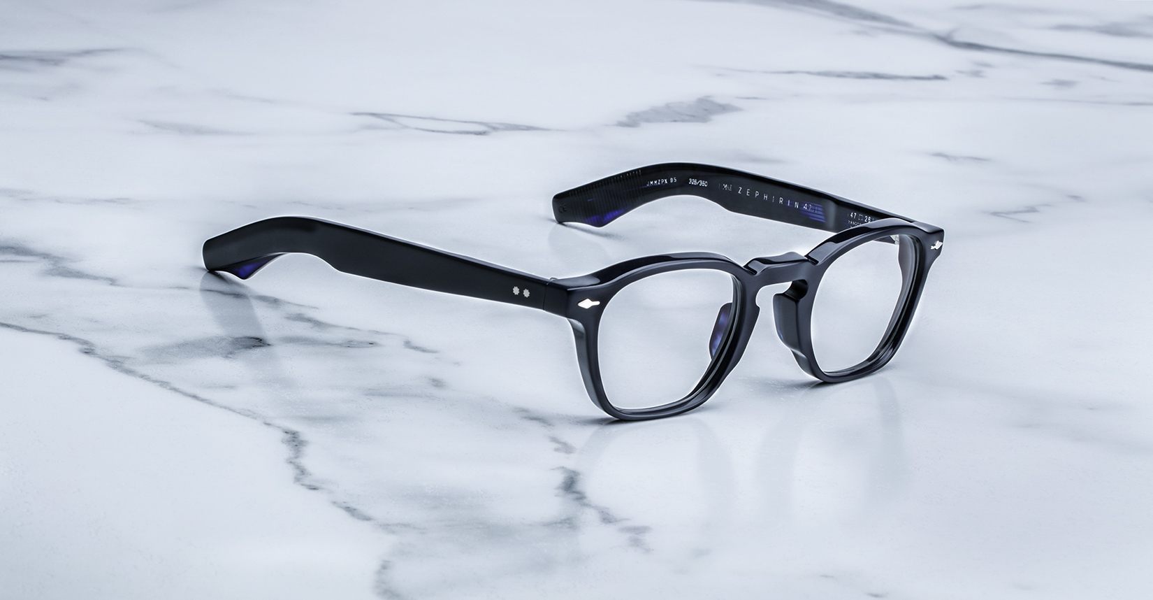 Jacques Marie Mage Zephirin 47 black rectangular eyeglasses with thick frames, viewed from above.