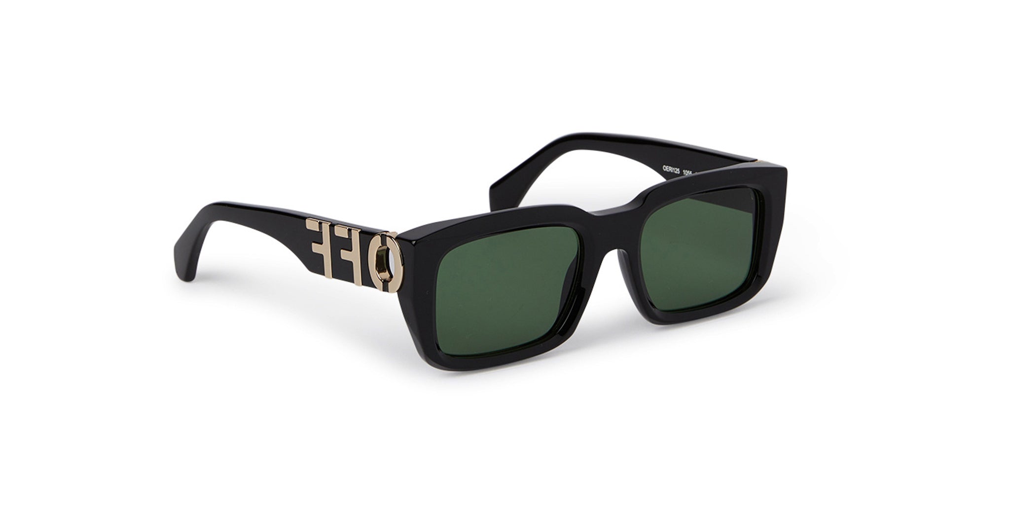 Black rectangular sunglasses with dark green lenses and bold gold decorative accents on the temples, featuring a stylized DIE lettering detail on the sides, shown on a white background.