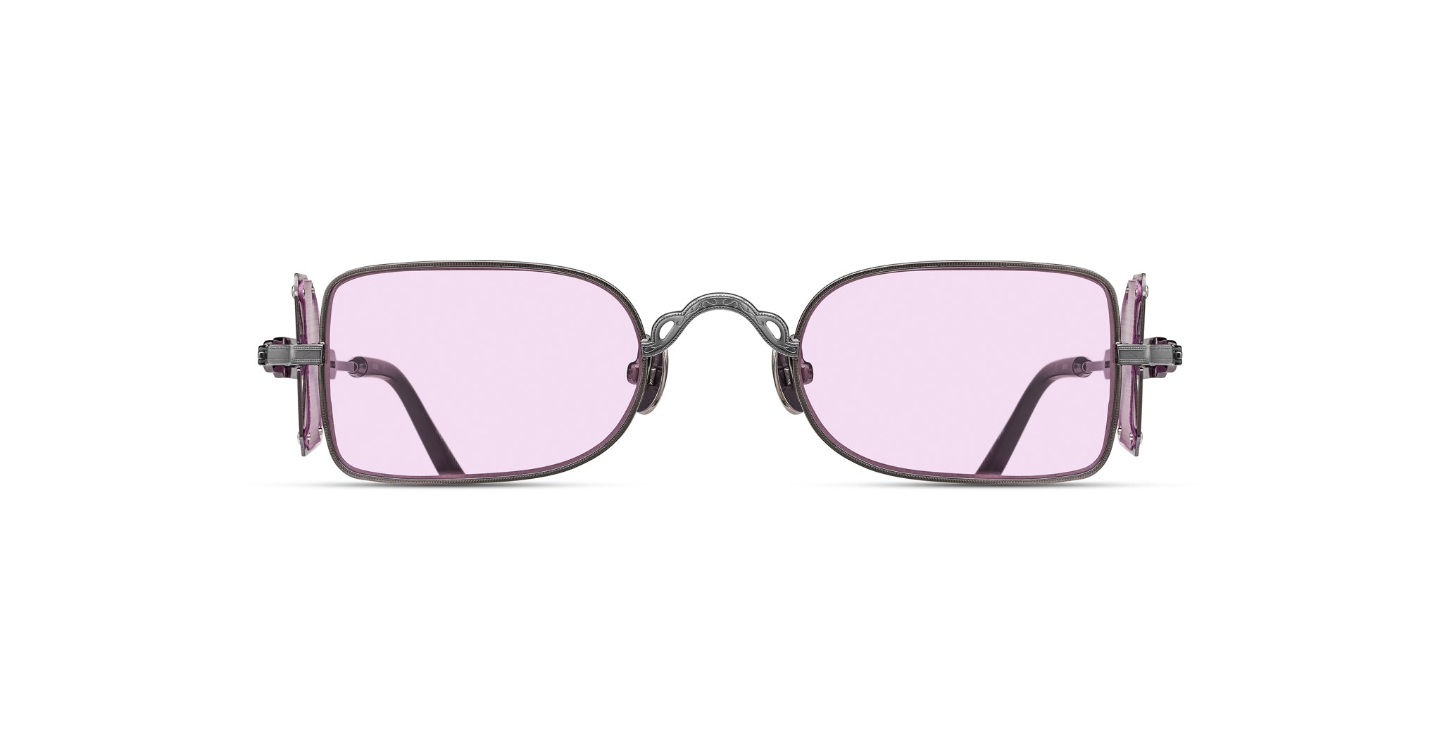 Matsuda 10611H square sunglasses with thin metal frames and light purple lenses, Matsuda eyewear shown from the front view.