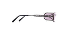 Side view of Matsuda 10611H eyeglasses by COMING SOON, featuring rectangular pink lenses, a black rimless metal frame, and black temples with an industrial hinge design against a white background.