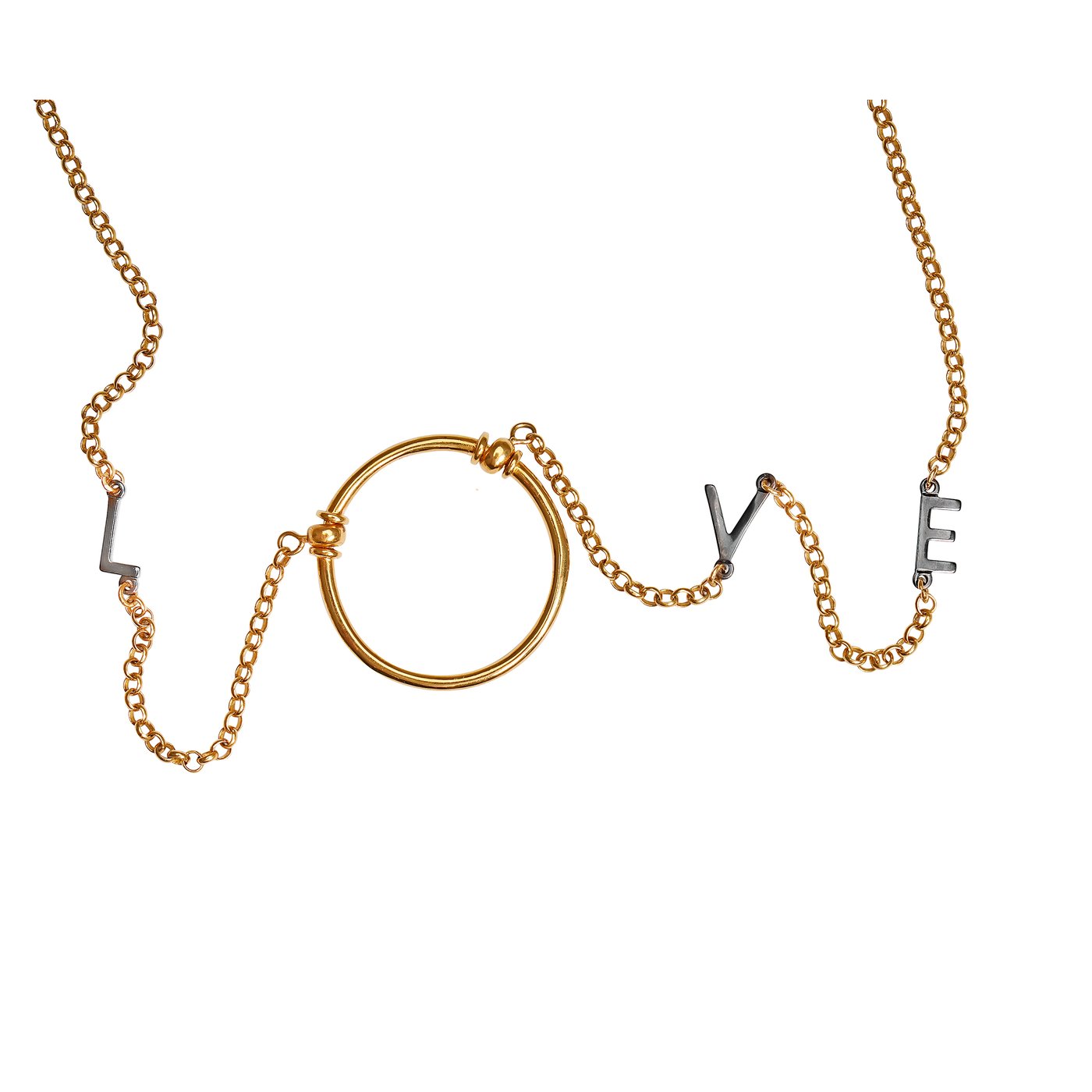 The La Loop Love Letter Eyeglass Necklace features gold letters spelling LOVE as charms; the O has a patented loop design inspired by La Loop necklaces, while the other letters attach along the chain for a minimalist, modern style.