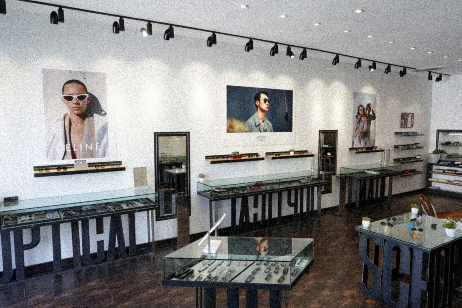 Interior of a modern optical store with glass display cases showing various eyeglasses and sunglasses, large fashion posters on the walls, track lighting, and a bright, organized layout.
