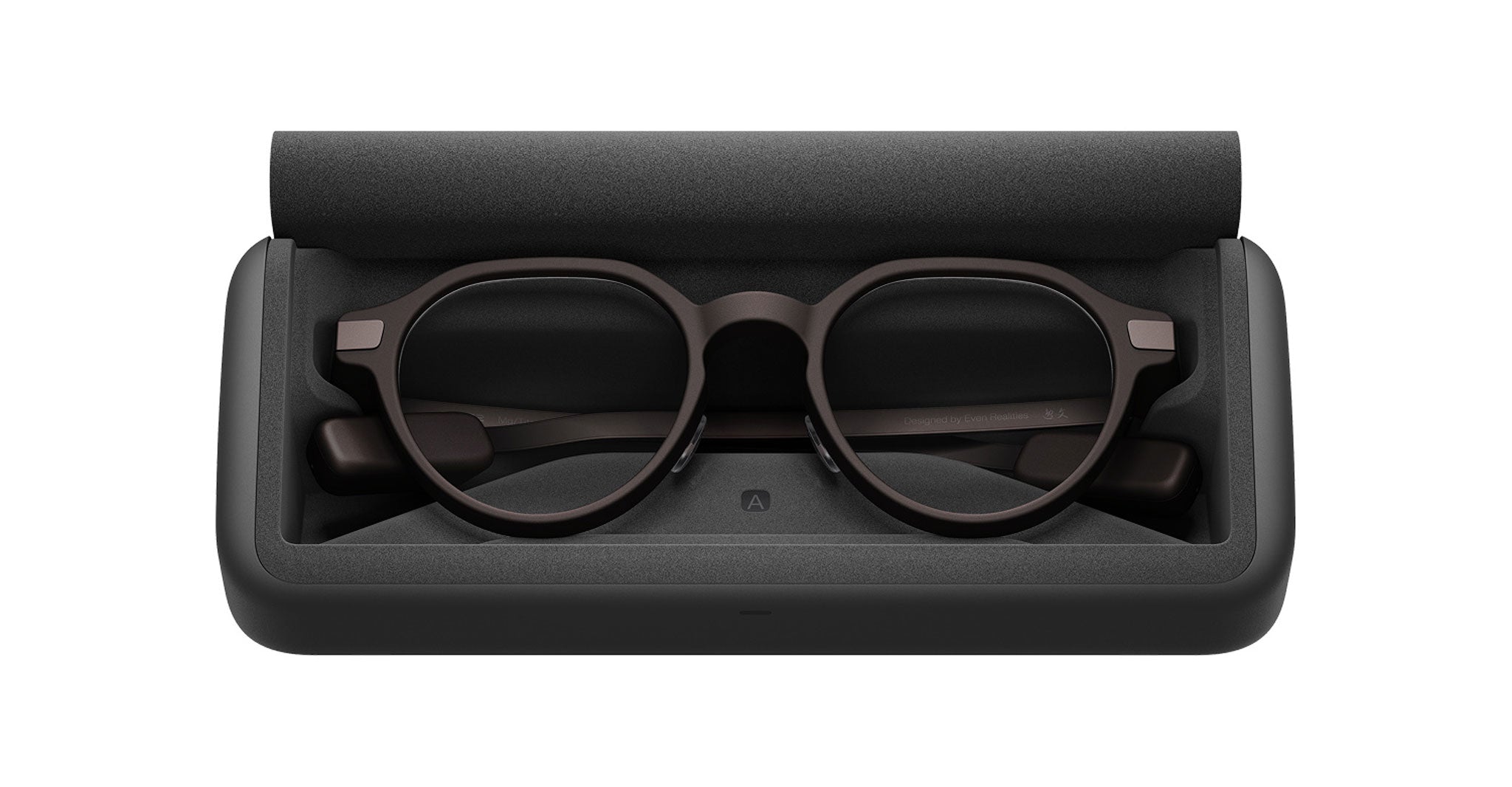 Even Realities G2 A smart eyeglasses by Even Realities shown from above inside an open black hard case with shaped interior.