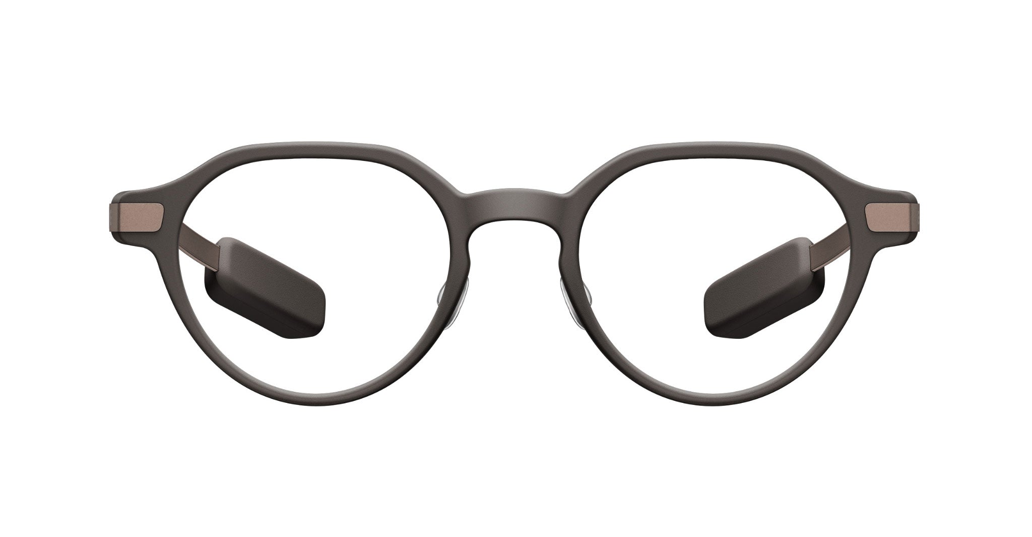 Even Realities G2 A Smart Glasses eyeglasses with round black frames and Bluetooth open-ear speakers, front view.