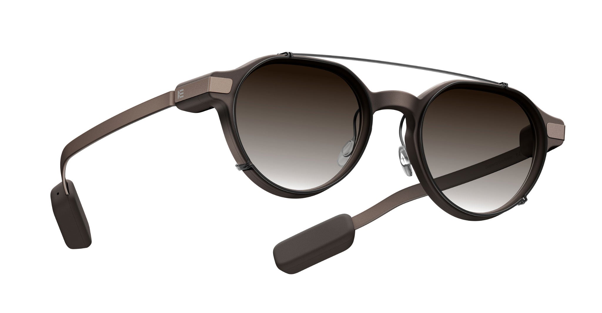 Even Realities G2 A Clip-On matte brown round sunglasses with side shields, top bar, and gradient UV lenses, front view.