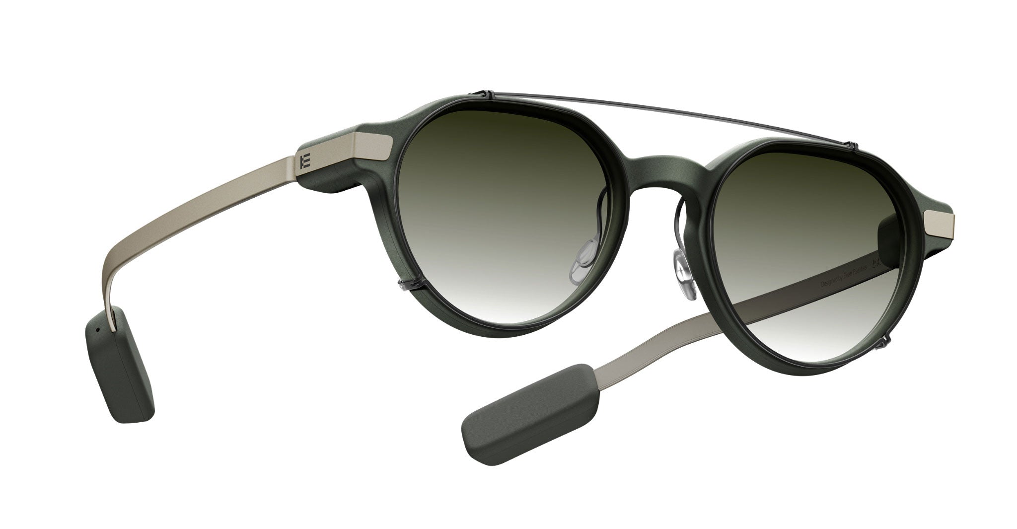 Even Realities G2 A Clip-On sunglasses, green round frames, gradient lenses, metal arms, removable UV side shields, front view.