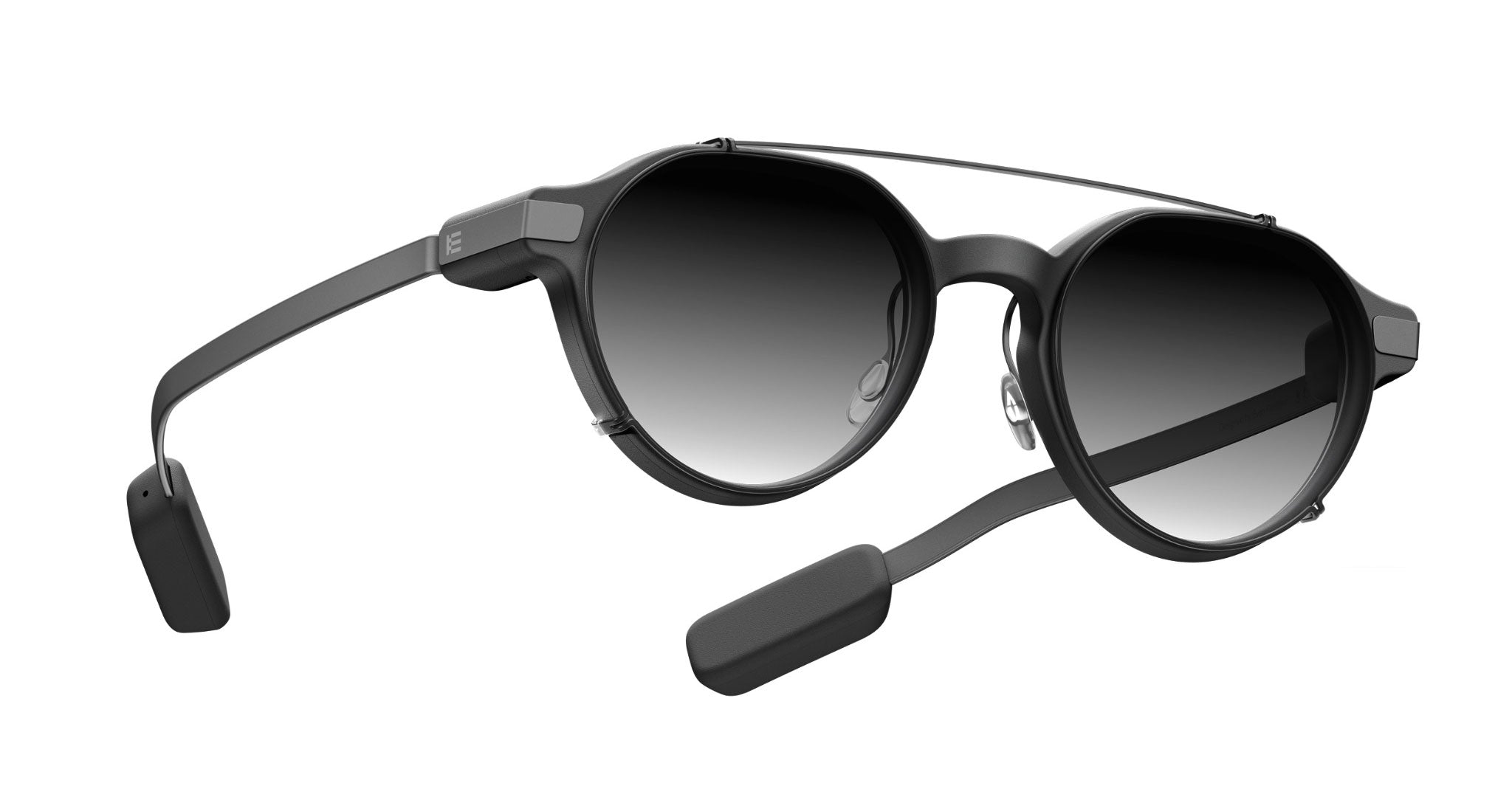 Even Realities G2 A Clip-On smart sunglasses, black round frame, Bluetooth and side speakers, front view.