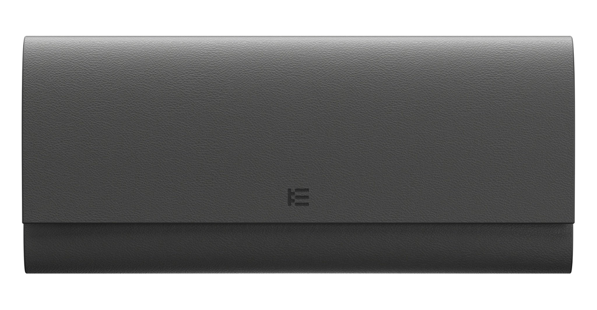 Even Realities G2 A Clip-On wallet, rectangular and dark gray, closed with embossed logo centered, shown from top view.