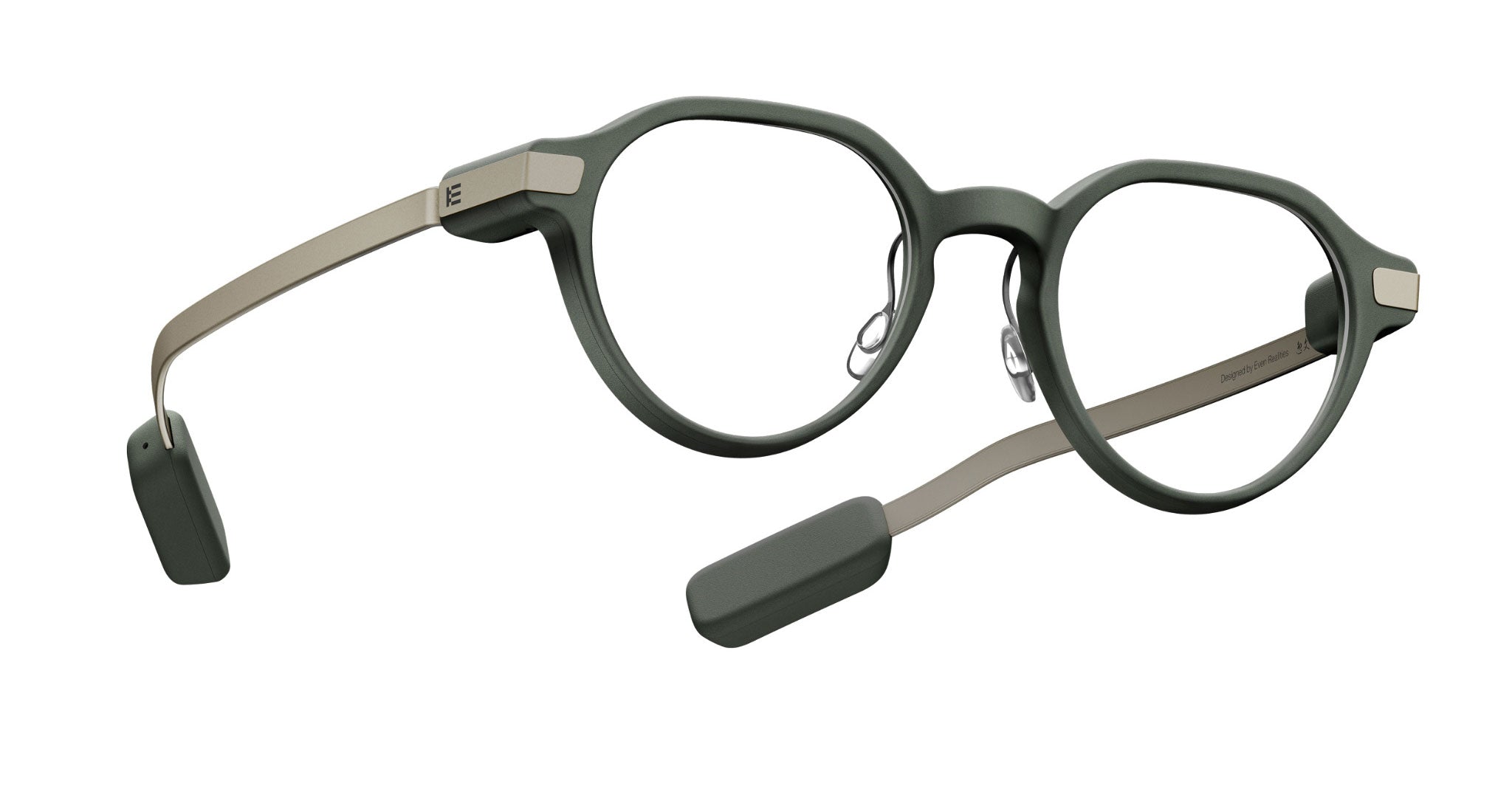 Even Realities G2 A Smart Glasses eyeglasses, round lenses, dark green frames, metal arms, rectangular temple accents, front view.