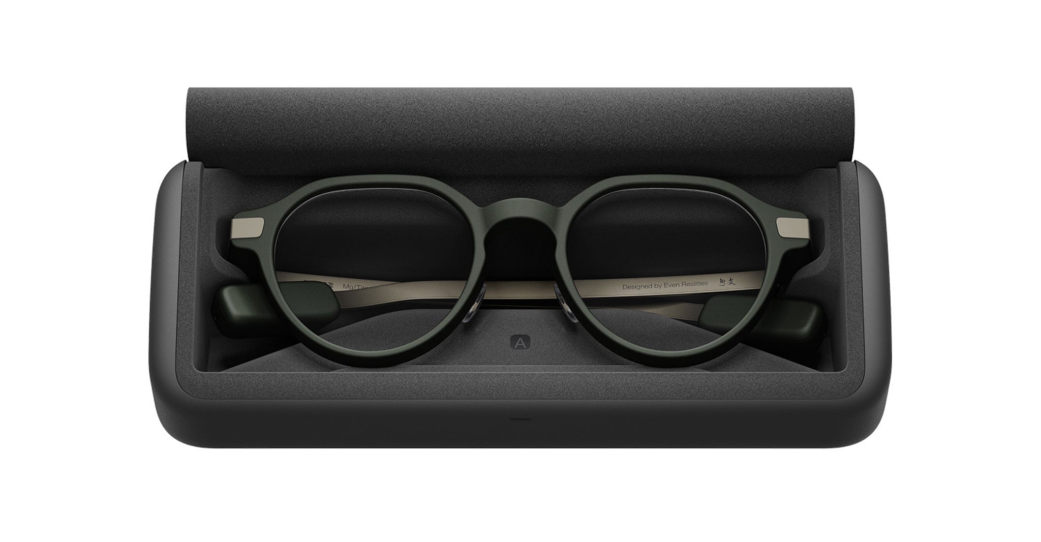 Even Realities G2 A Smart Eyeglasses in an open hard case, top-down view showing glasses securely positioned inside.