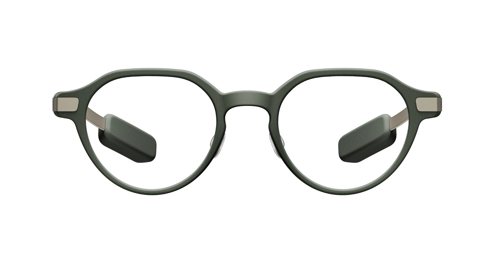 Even Realities G2 A Smart Glasses eyeglasses, round olive green frames with black nose pads, front view.