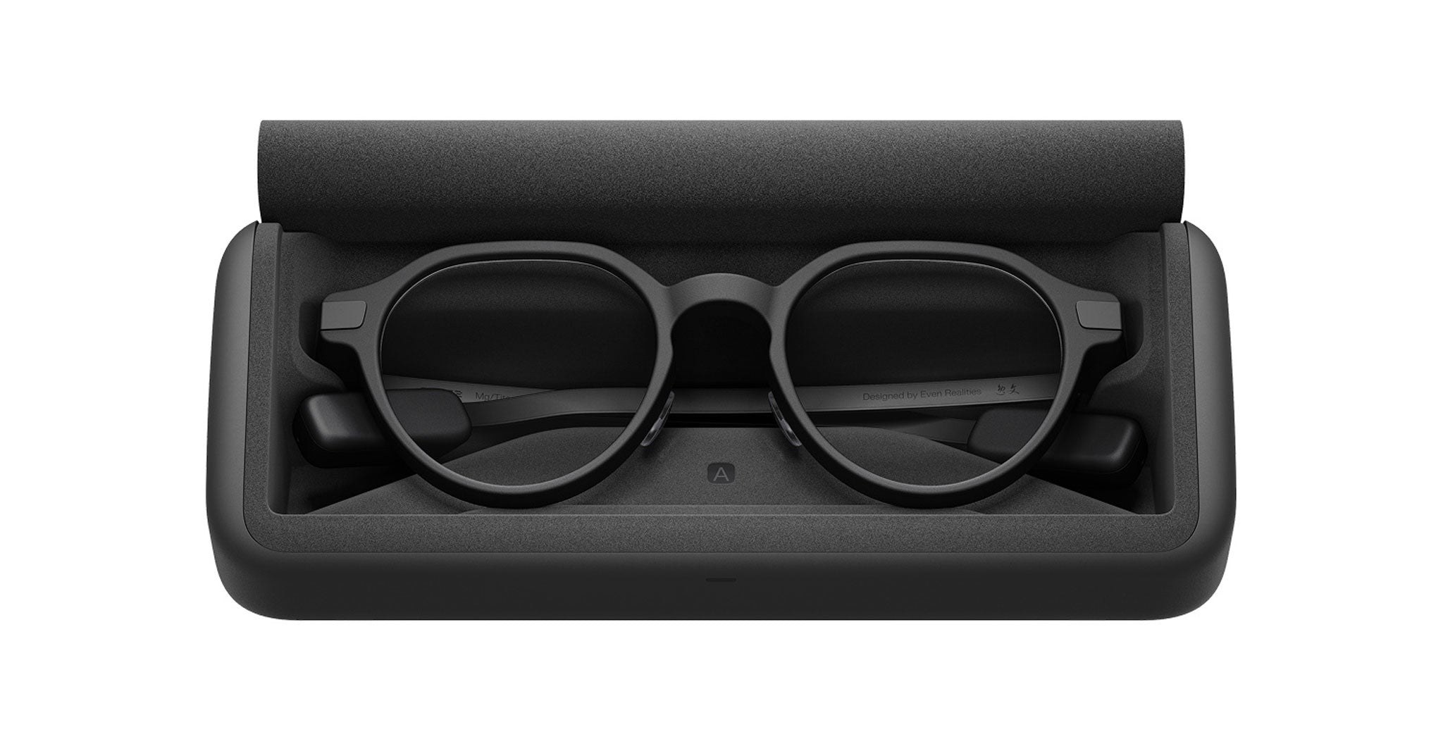 Even Realities G2 A smart eyeglasses by Even Realities in black case, top view showing glasses arranged neatly inside.
