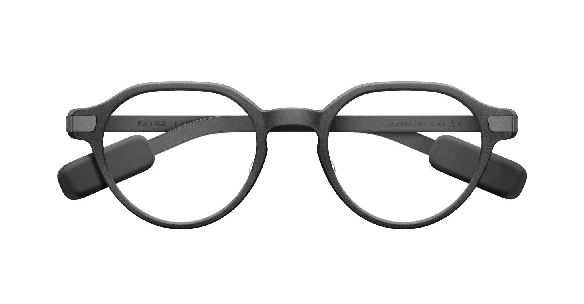 Even Realities G2 A Smart Glasses eyeglasses, matte black round frames with Bluetooth speakers, front view.